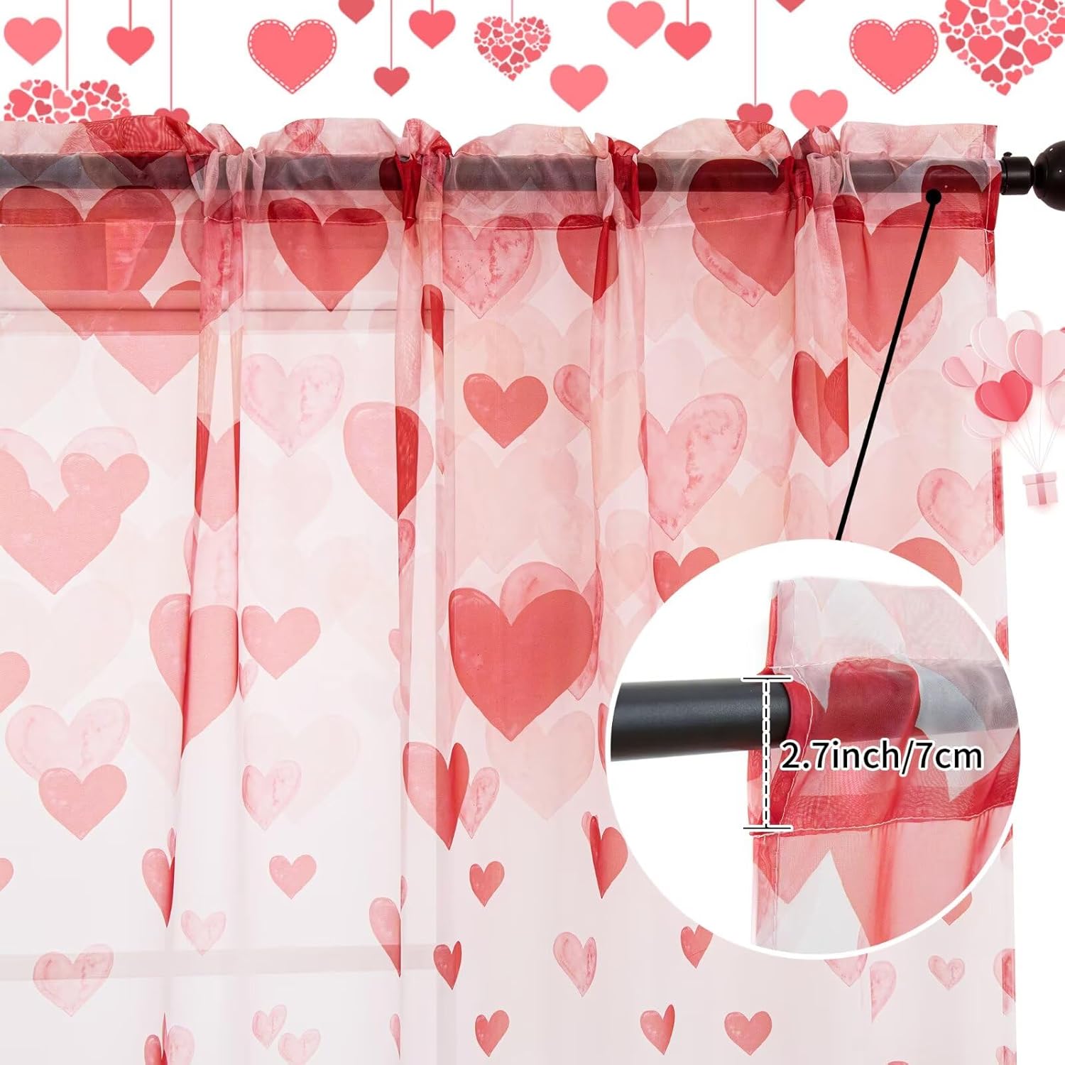 youleyar Valentine's Day Sheer Curtains 72 Inches Long, 2 Panels Lovers Red Heart Printed Pattern Curtain, Rod Pocket Drapes for Bedroom and Home Decor, 52" W x 72" L