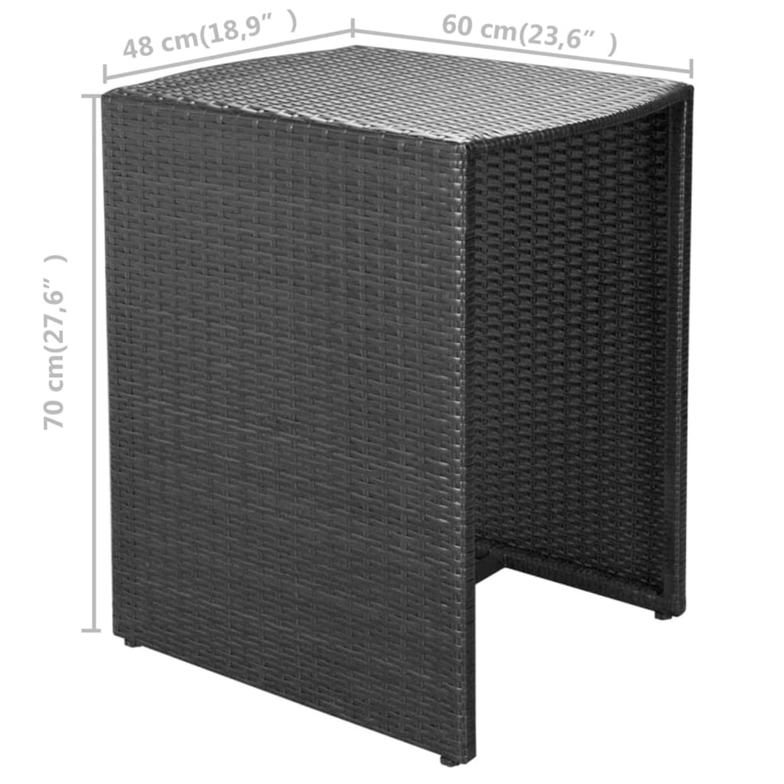 Set da pranzo da giardino in polyrattan nero, impermeabile, leggero e impilabile, tavolo da 60 x 48 x 70 cm + 2 sedie con cuscini bianco crema, per piccoli spazi esterni