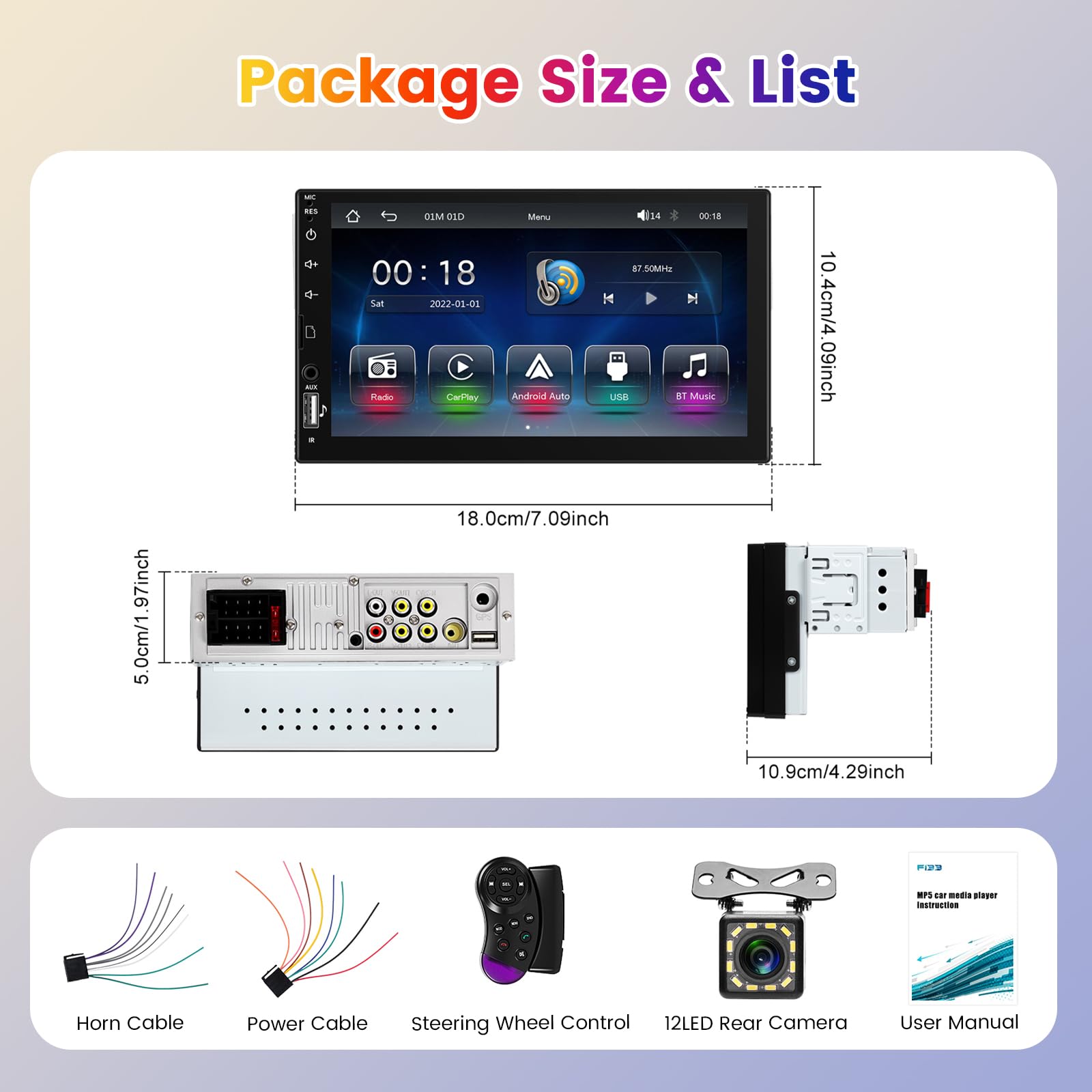 Hodozzy Autoradio 1 Din Carplay sans Fil Android Auto, LCD Écran Tactile 7 Pouces 1 Din Bluetooth Poste Voiture Radio avec MirrorLink, Radio FM/EQ/USB/SWC/Recharge Type-C + Caméra de Recul