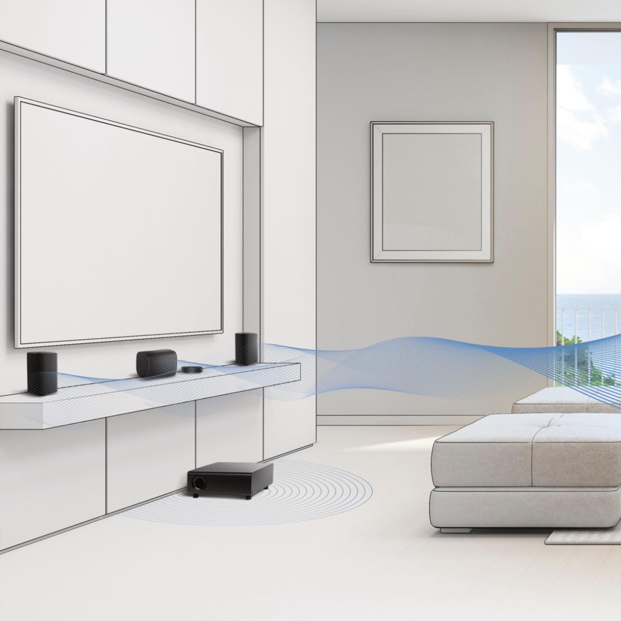 Milan Système audio 5.1 sans fil – Système audio home cinéma avec WiSA Low Latency, son surround pour TV, petit salon et appartement, compact, noir