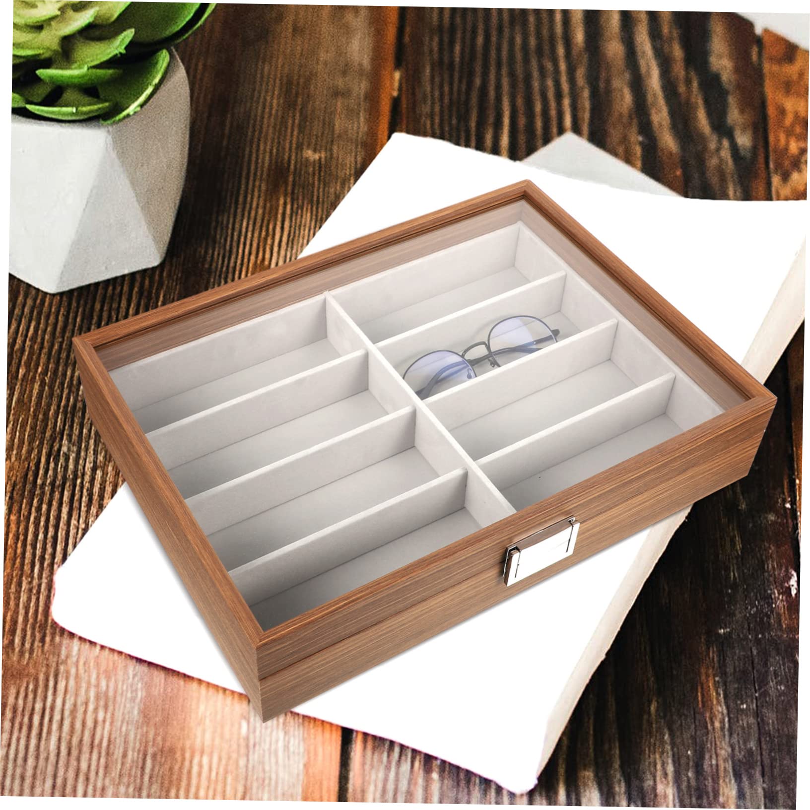 Zerodeko Organizer Porta Occhiali in Legno con 8 Scomparti e Interno in Velluto, Scatola Portaocchiali da Viaggio con Finestra Trasparente, Custodia Porta Occhiali da Sole Portatile