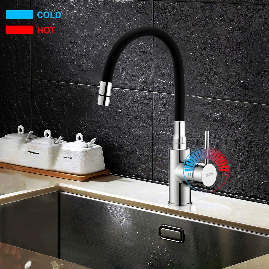 ALTON LEO12195 Brass Single Lever Sink Mixer with Dual Flow Flexible Swivel Spout, Black & Chrome Finish 2