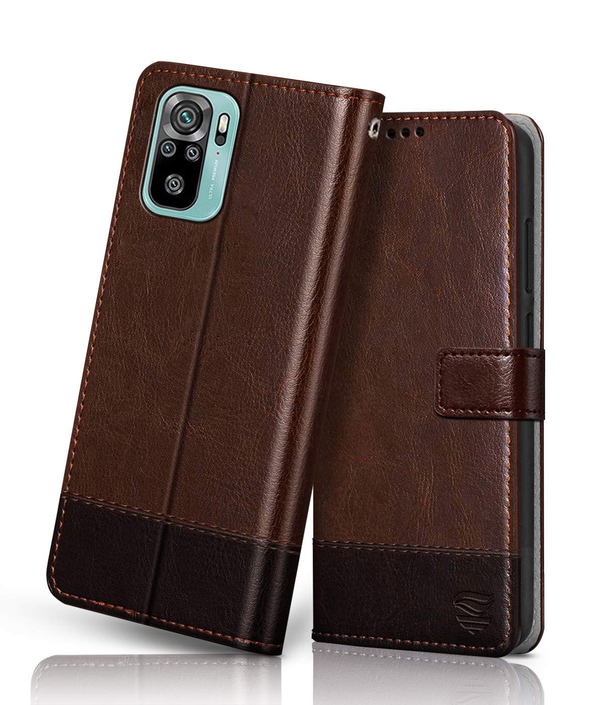 FLIPPED Vegan Leather Flip Case Back Cover for Xiaomi Redmi Note 10 | Note 10s (Flexible, Shock Proof | Hand Stitched Leather Finish | Card Pockets Wallet & Stand | Brown with Coffee)
