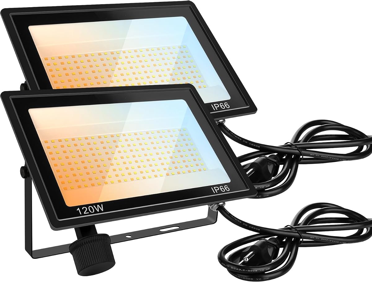 120W LED FloodLights Outdoor 2 Pack, 14000LM Dimmable, 3CCT 3000K 4500K 6000K Selectable, IP66 Waterproof, Outdoor Security Flood Light for Yard, Garden, Garage