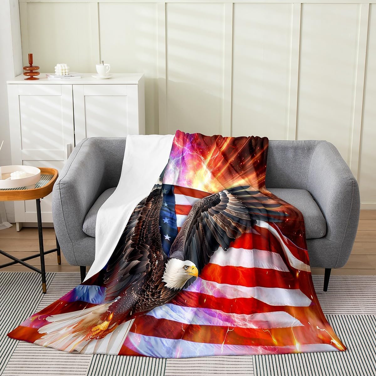 Feelyou American Flag Flannel Fleece Blanket Queen 90"x90" Aniaml Eagle Flannel Fleece Blanket for Sofa Couch Kids Wildlife Soft Plush Throw Blanket for Sofa Couch Independence Day