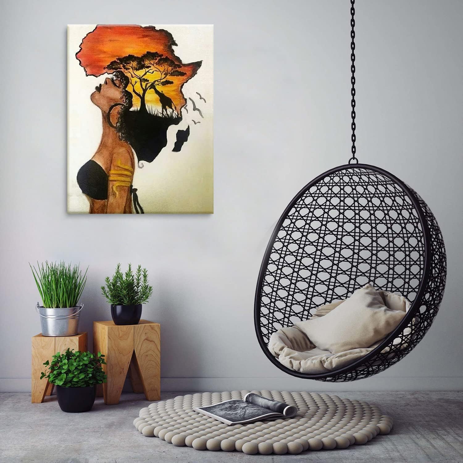 Framed African American Wall Art Homesick African Woman Posters Canvas Painting Black Girl Abstract African Sunset Landscape Wall Decor Picture Prints Art for Living Room Bedroom Home Decoration