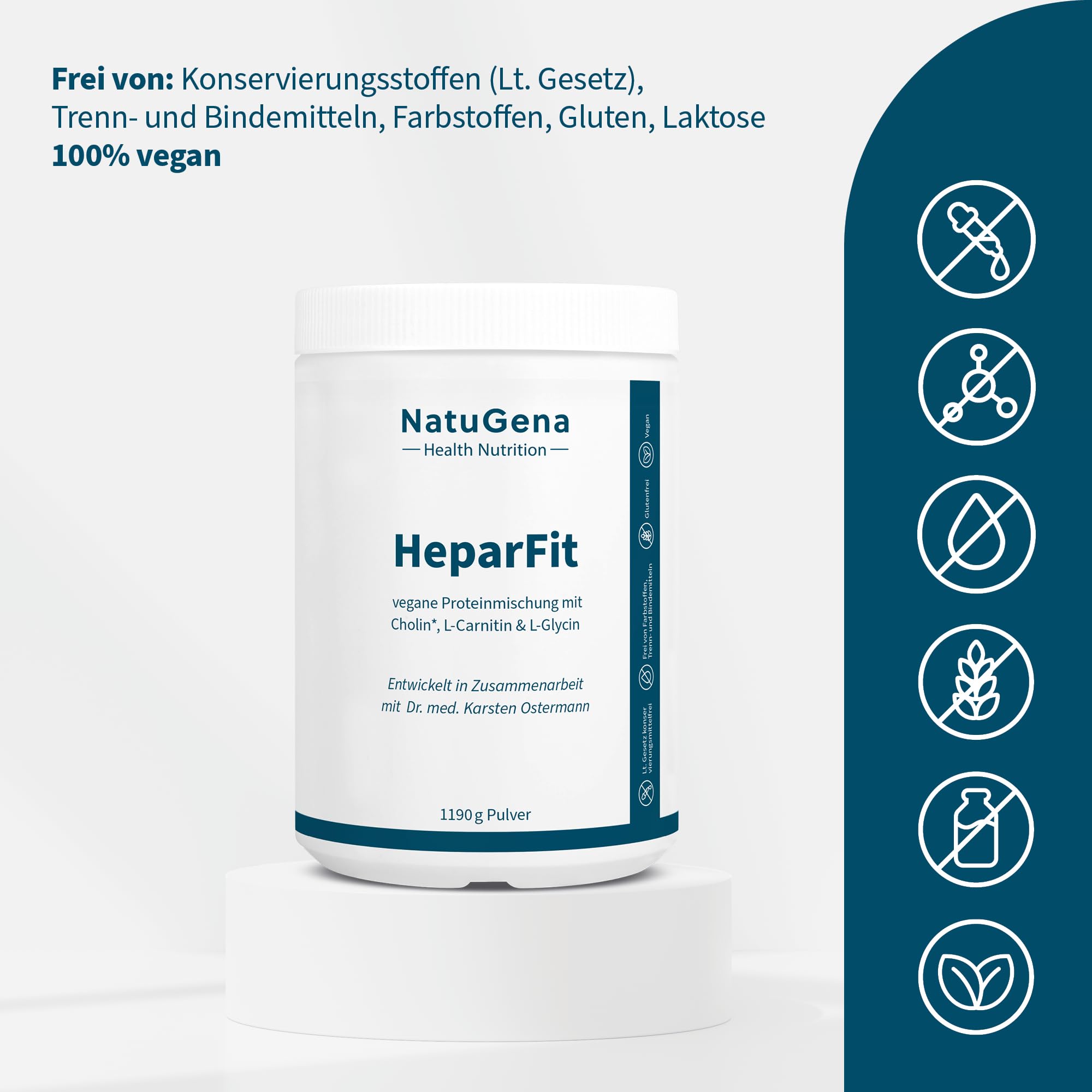 NatuGena HeparFit veganes Proteinpulver, 25 g pflanzliches Protein pro Tagesdosis aus Erbse- & Lupine mit Cholin, L-Carnitin & L-Glycin, essenzielle Aminosäuren, 1200 g (24-Tage Packung)