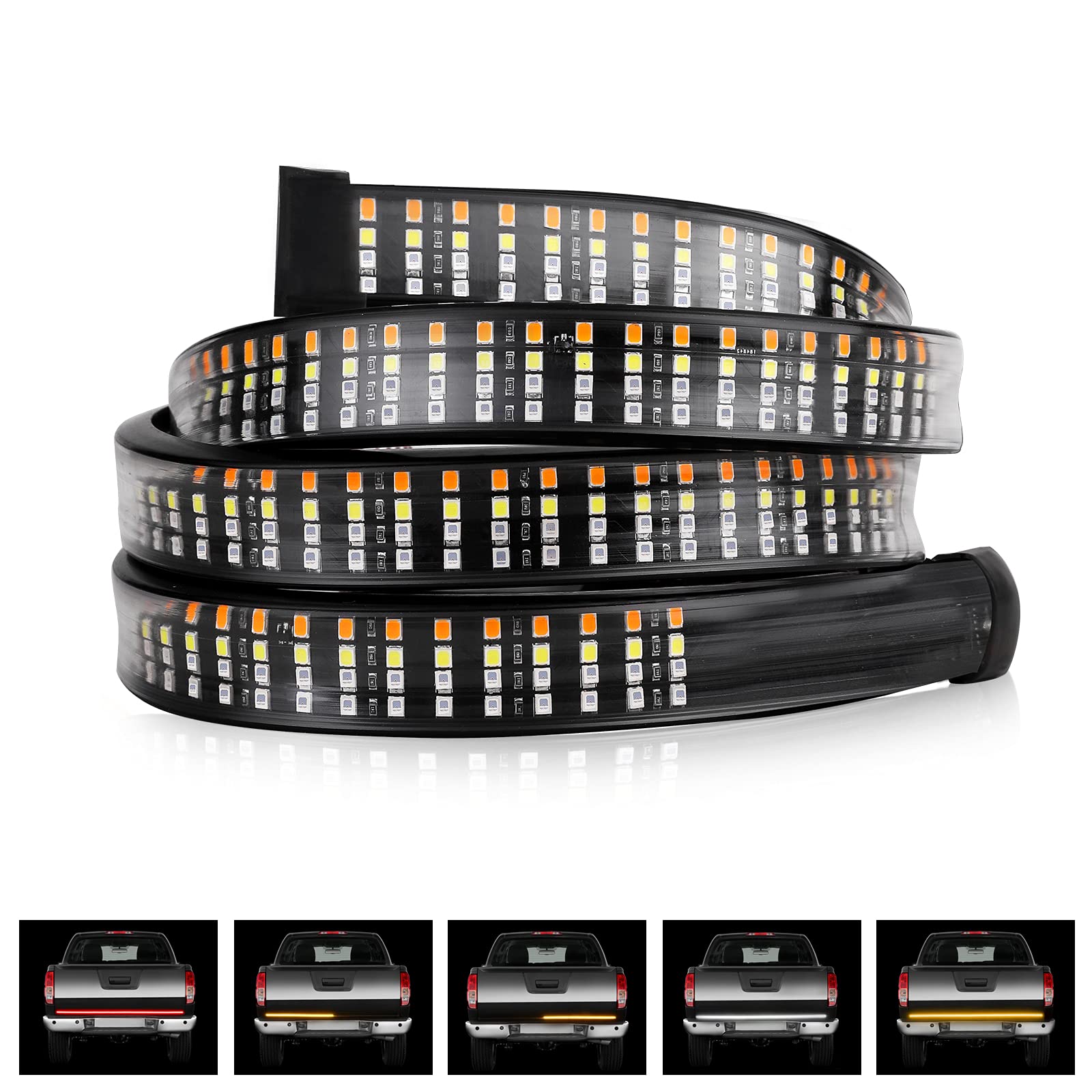 Tailgate Light Bar, Niking Auto 60 Inch LED Quad Row Truck Bed Light Strip Waterproof 5 Function Red Brake, White Backup Reverse, Amber Turn Signal Strobe Light for Pickup SUV Van Dodge Ram Chevy