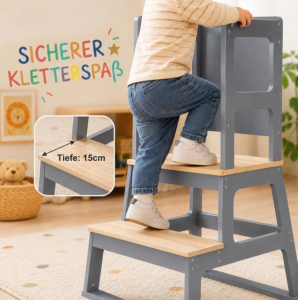 Baby Vivo Lernturm aus Holz - Tower Küche Kindermöbel Learning Tower - Schemel Lerntower für Kinder ab dem Stehalter - Tritthocker mit Tafel Montessori Küchenhelfer Lernstuhl in Grau