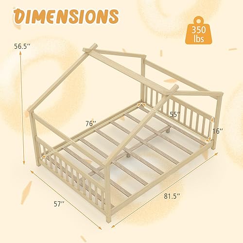Miniatura 9 de KOMFOTT Cama individual de madera para niños, marco de cama de piso de perfil bajo con techo, cabecero y estribo, cama de tienda para niños