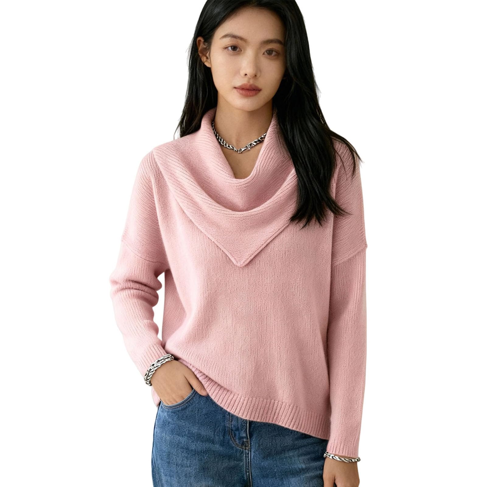 Elegant Retro Soft Triangle Neck Solid Color Sweater Top Lightweight Triangle Vintage Style Knit Pullover