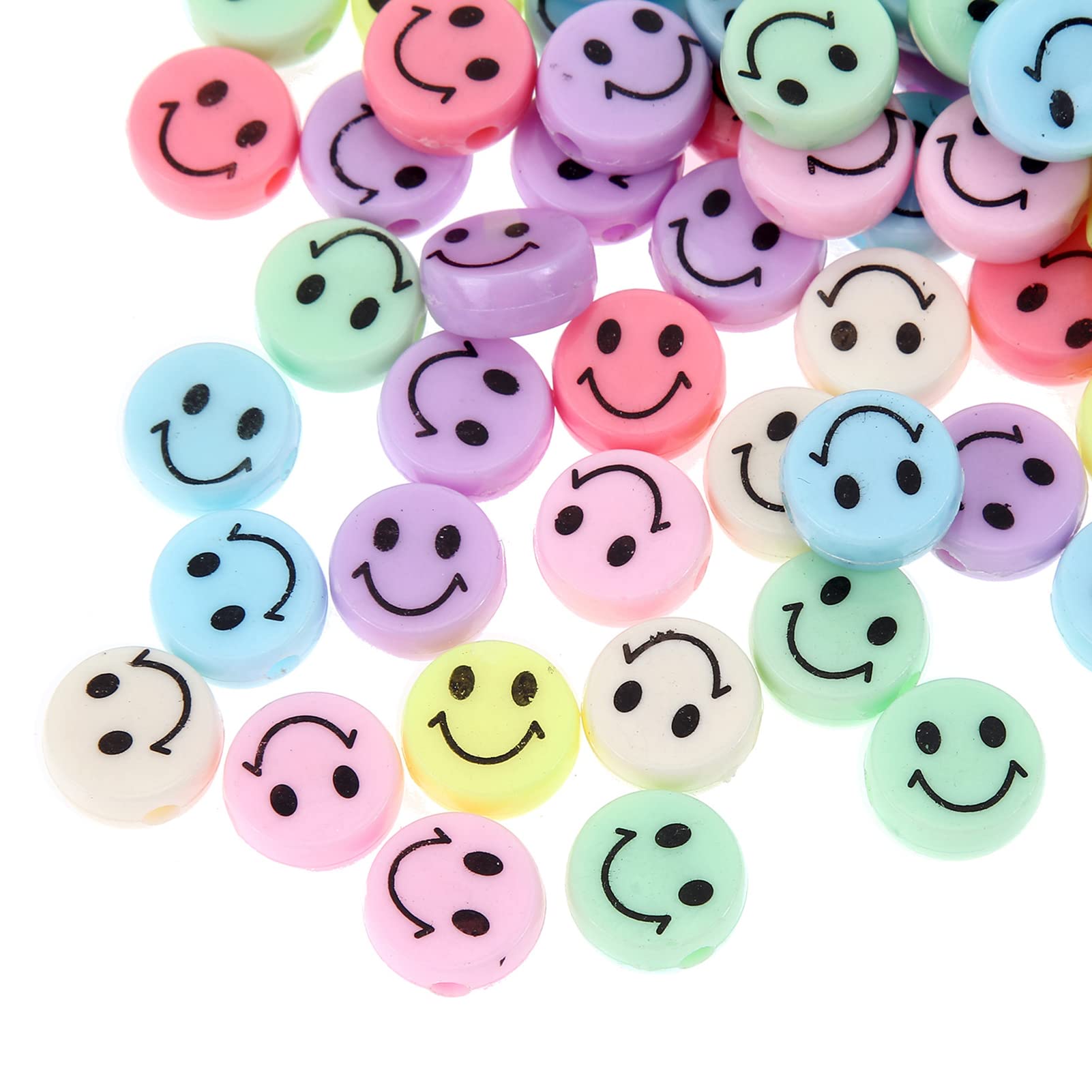 100pcs Multicolor Acrylic Smile Face Beads 15mm Pony Disc Coin Black Loose Spacer Beads for DIY Jewelry Bracelet Mobile Phone Pendant Making