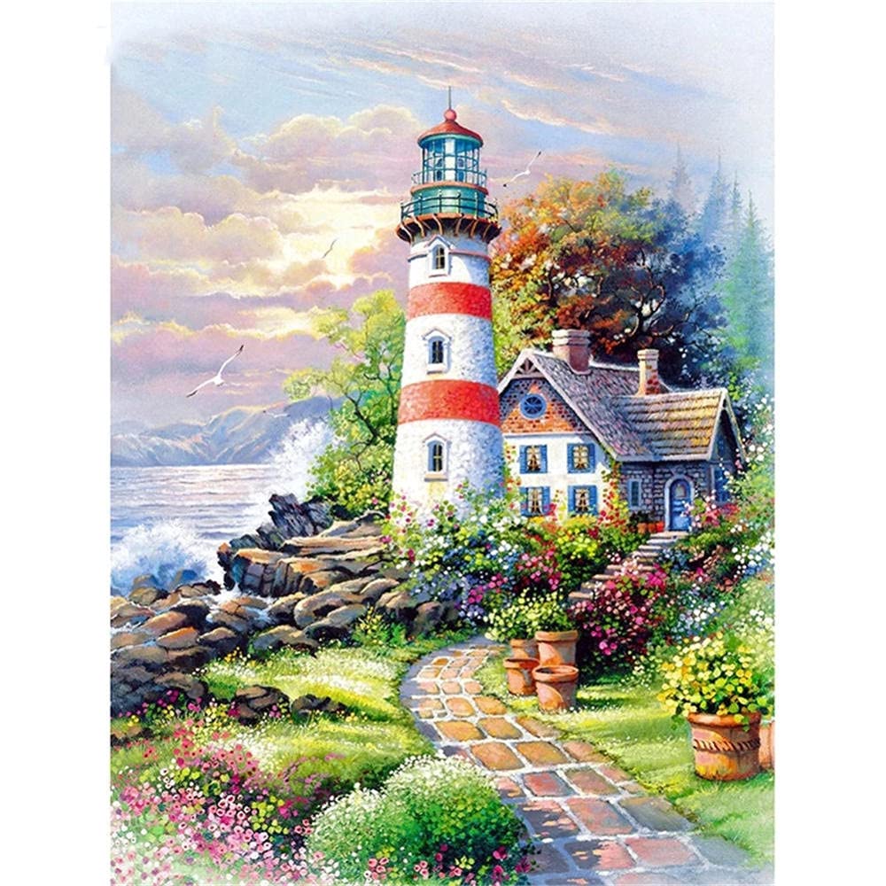 5D Diamantmalerei Leuchtturm Am Meer – 50x70 Cm, Rund-Diamanten, Inkl. Werkzeug