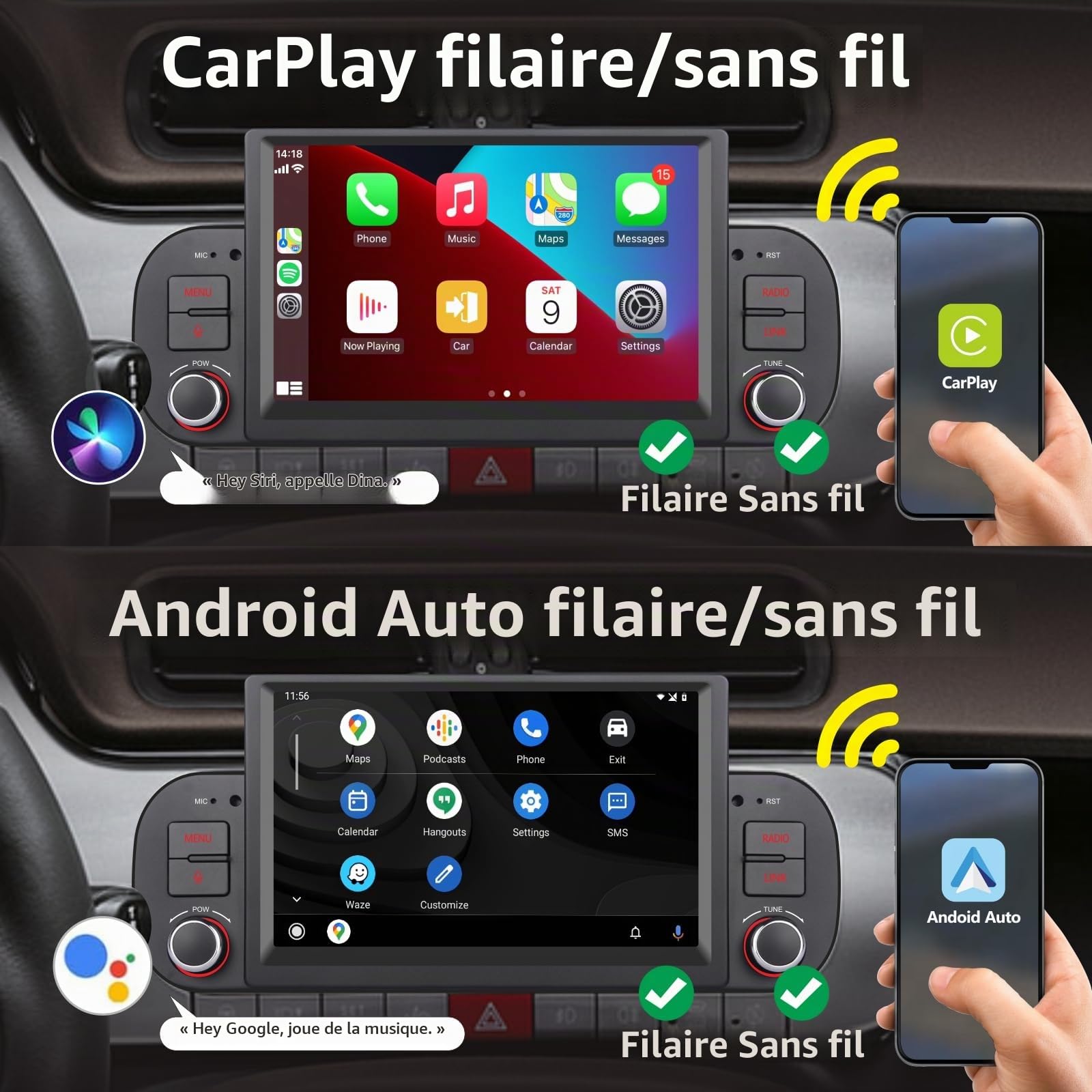 Autoradio Double DIN pour Fiat Panda 2013-2020 Apple Wireless Carplay et Android Auto Commande vocale avec écran Tactile IPS 7 Pouces/Bluetooth/FM/AM/USB/EQ