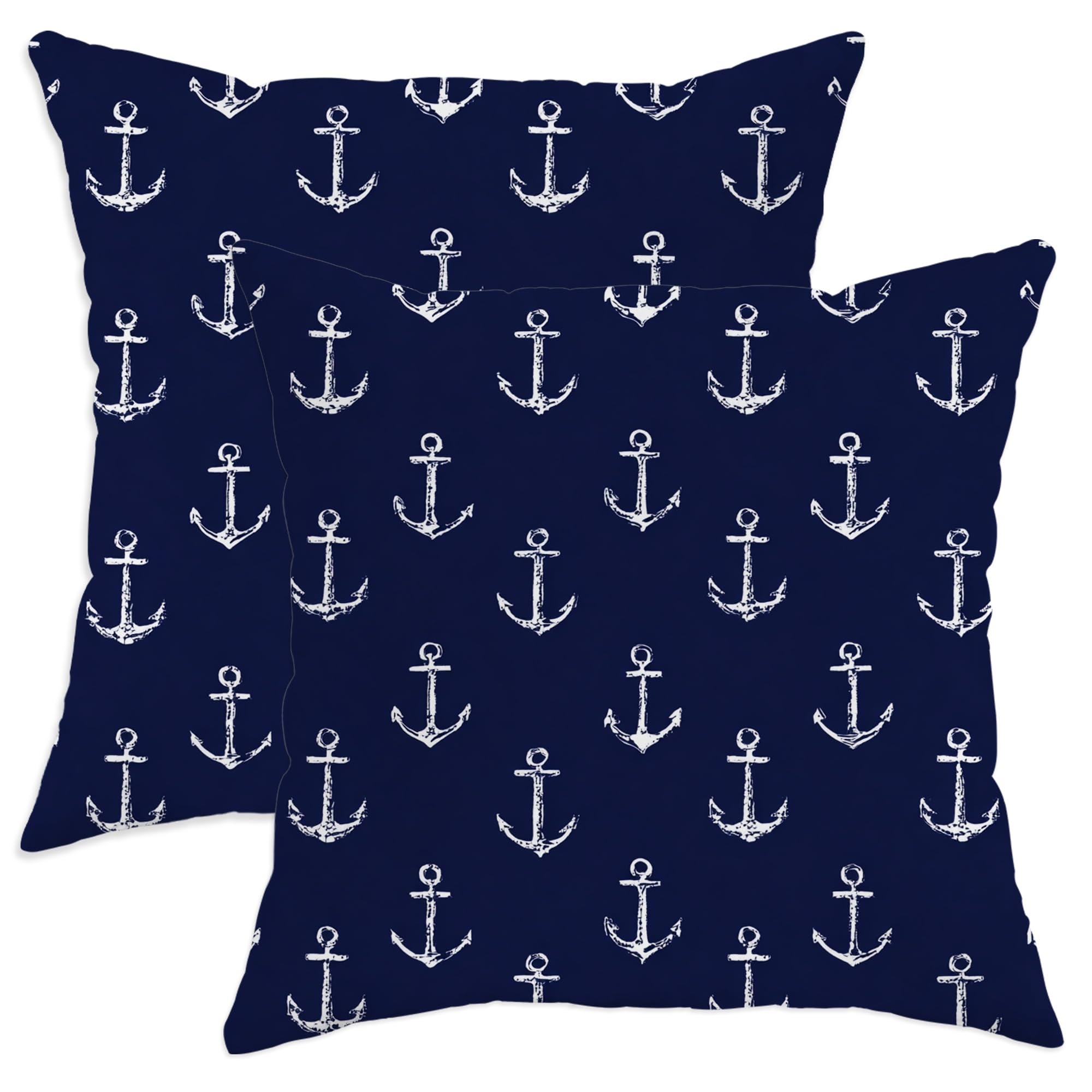 Nautical Anchors Throw Pillow Covers Set of 2, Navy Blue Maritime Decorative Cushion Cases, Coastal Farmhouse Style for Home Sofa Bed Couch 14x14 Inch