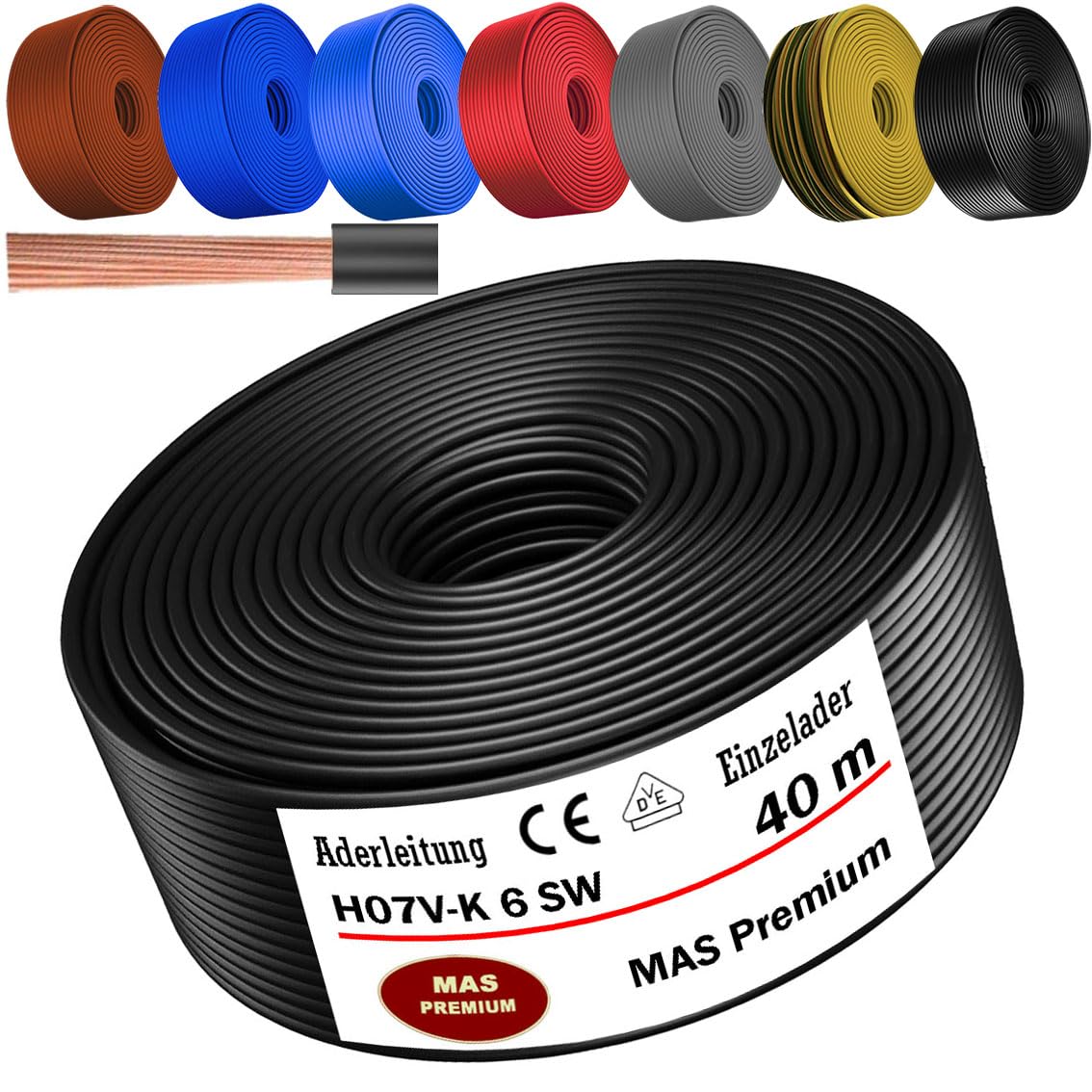 MAS Premium Von 5 bis 100m Aderleitung H07 V-K 6 mm² Schwarz Braun Dunkelblau Grüngelb Grau Rot Orange oder Hellblau Einzelader flexibel (Schwarz, 40m)