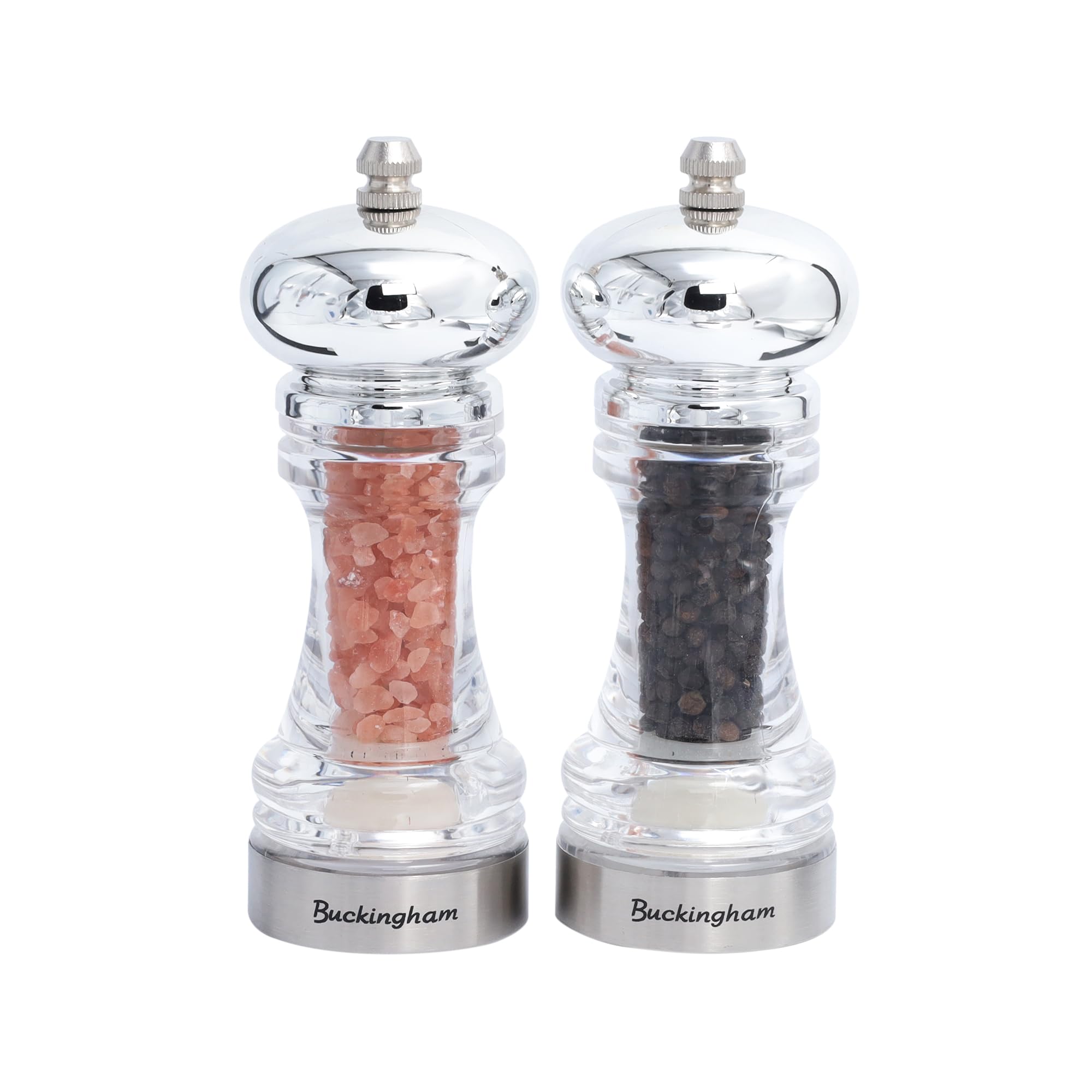 Buckingham Transparent Premium Salt & Pepper Grinder Set Clear Acrylic Adjustable Ceramic Grind Mechanism Professional Spices Mill Set Fits In Home Kitchen Outdoor By