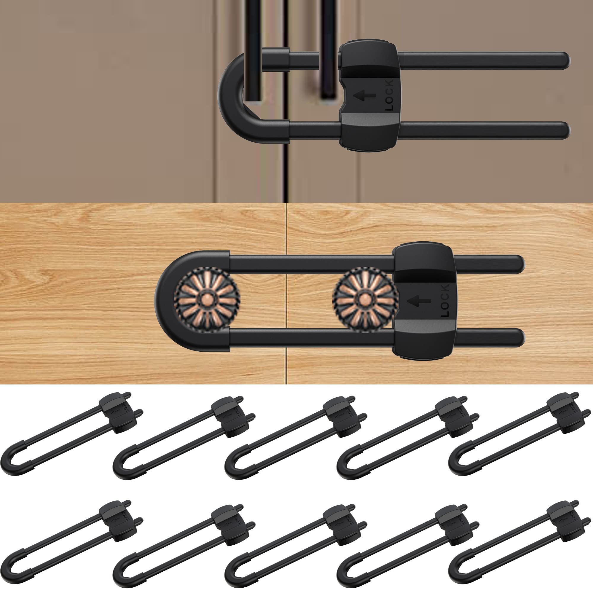 (10 pack black) 4 button Cabinet Locks, U-Shaped Proofing Drawers Safety Child Locks Adjustable, for Wardrobe,Kitchen,Bathroom,Drawer,Fridge,Cupboard