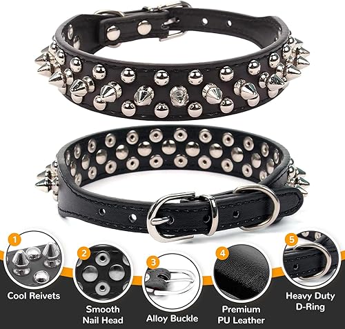 Miniatura 10 de Collar de perro con pinchos, de piel sintética suave, color rojo, con forma de hongos, remaches, tachuelas, collar ajustable para perros pequeños,