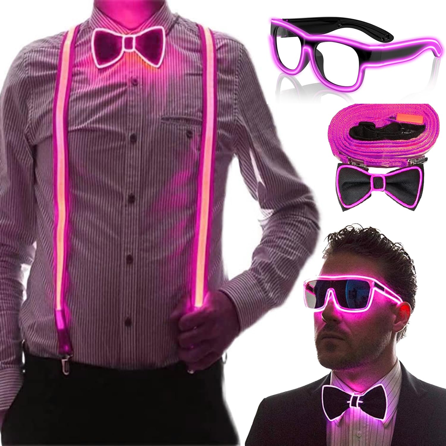YeahBoom Bretelles et noeud papillon lumineux à LED pour hommes, bretelles lumineuses à LED, pour festival de musique, fête costumée d'Halloween,néon lumineux sombre fournitures de fête