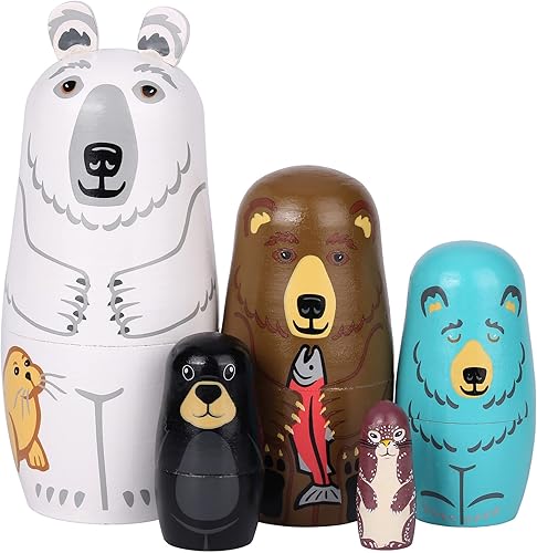 Yoption Juego de 5 muñecas rusas anidables hechas a mano, de madera, lindo oso Matryoshka, para niños, Navidad, cumpleaños, deseos, regalo (serie
