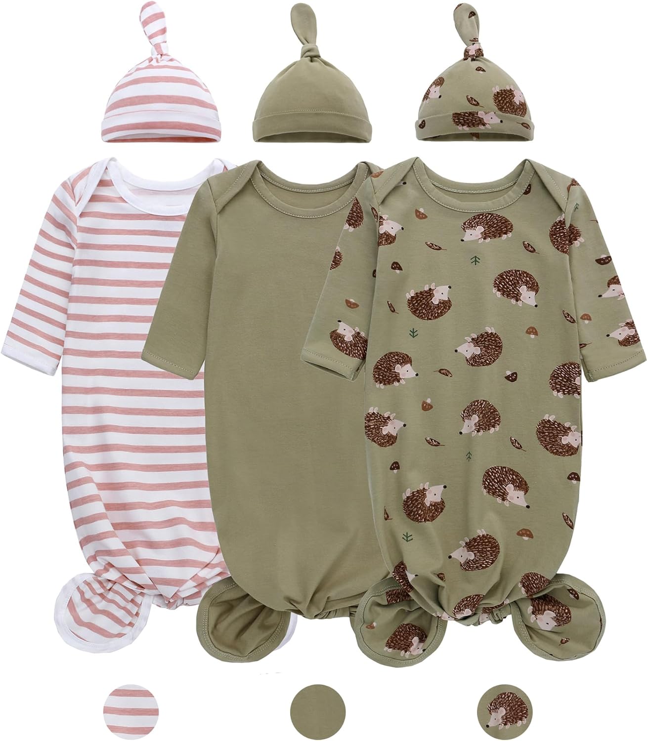 LAT Newborn Knotted Gown for Boy Girls,Baby Tie Gown Nightgown,Baby Sleeper with Matching Hat Set 3 Pack,Sleepwear Outfits