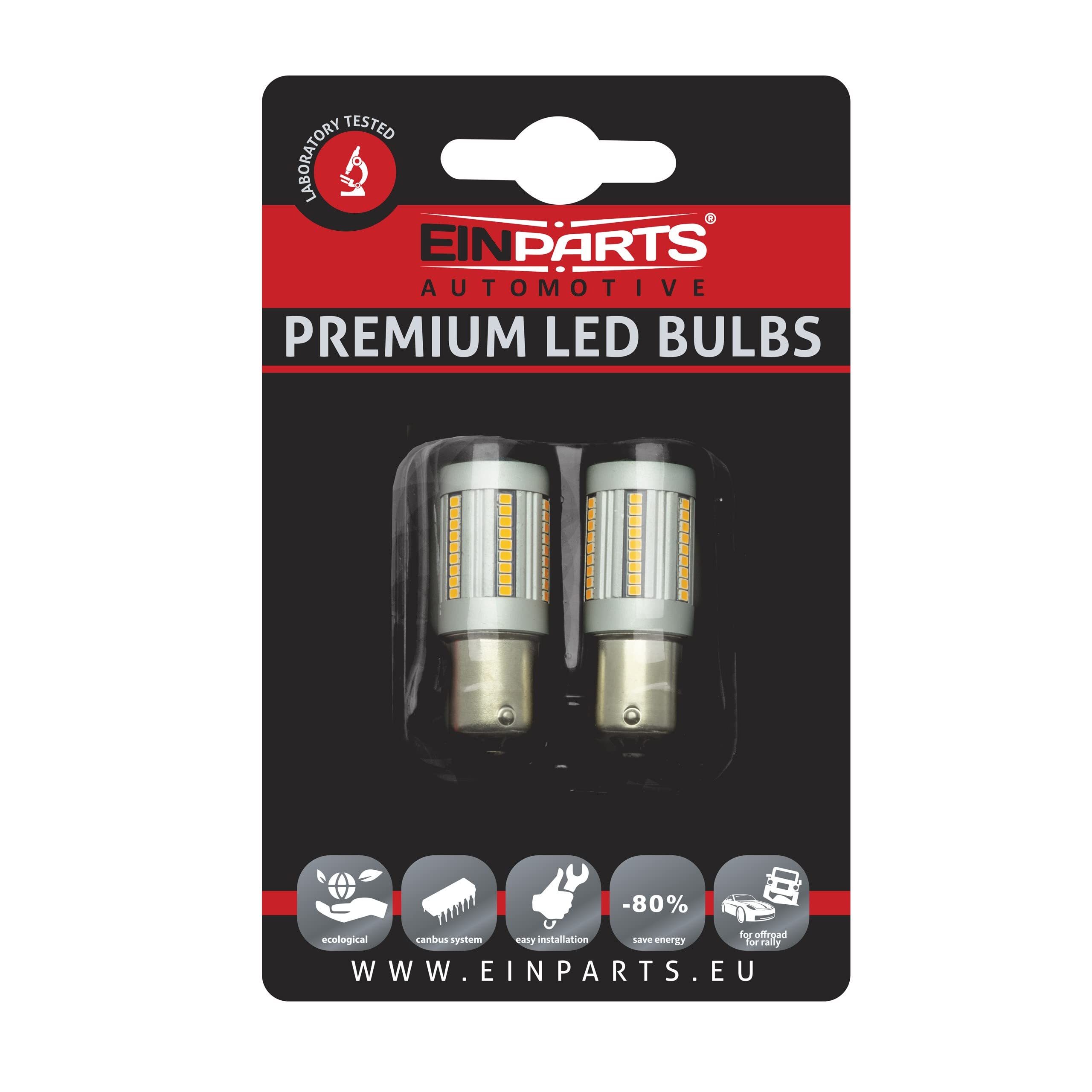 EinParts Żarówki LED P21W 12V 1700-1800K (Pomarańczowy), System CANBUS, Diody 66x SMD 2016, 2 Sztuki