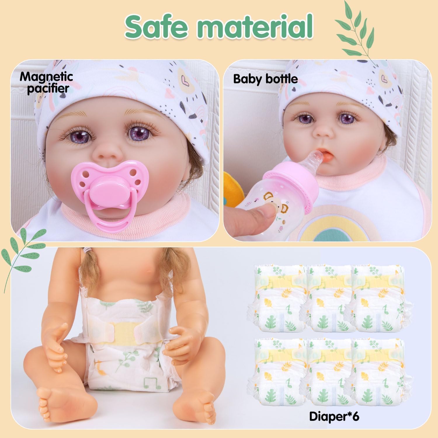 Reborn Babypuppenzubehör mit Tragetasche und Fütterungszubehör für 43,2 - 50,8 - 55,9 cm große Babydoll/Stofftiere, Blumen-Babypuppentrage für kleine Mädchen, Kleinkinder, 10 Stück