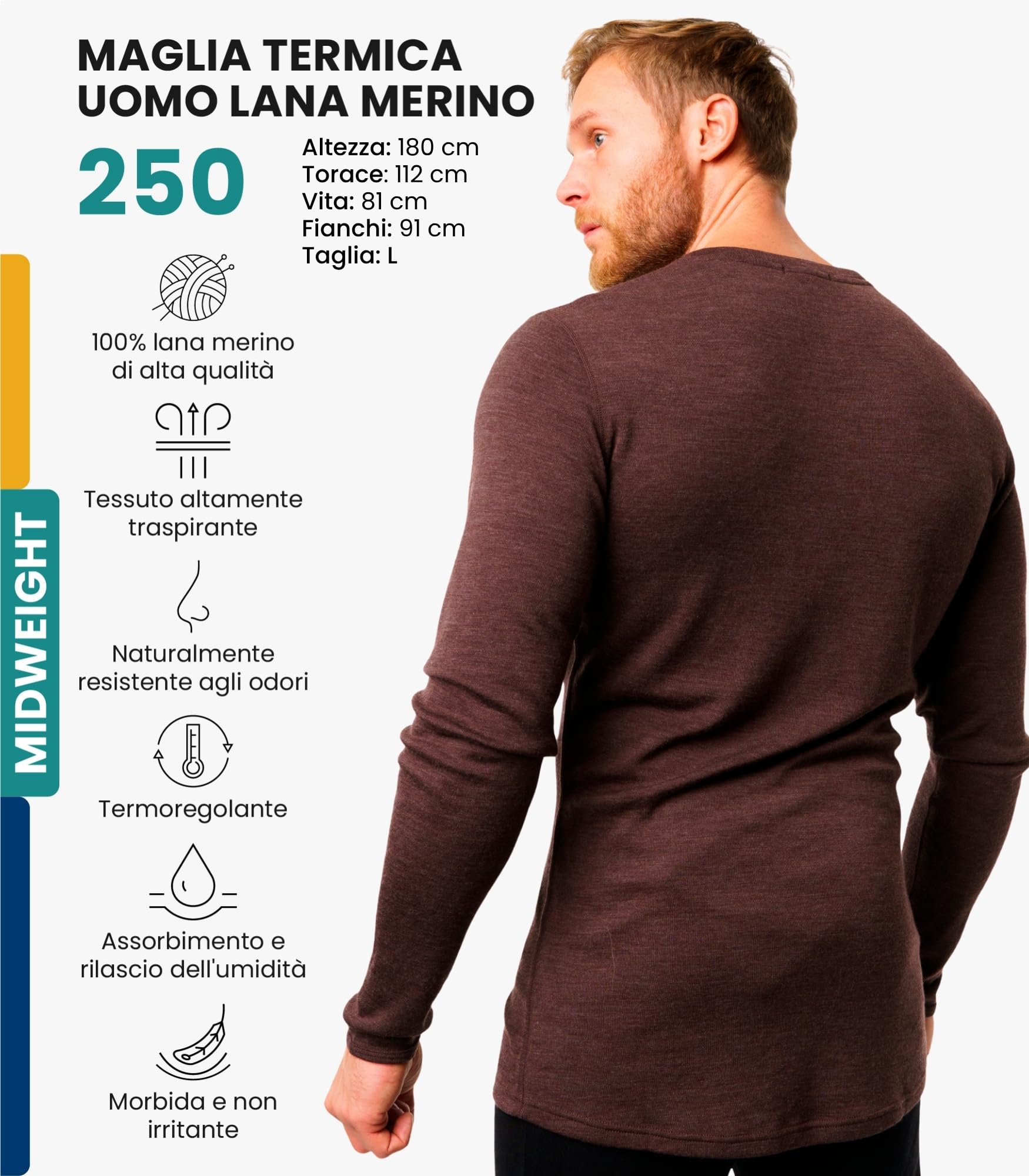 Merino.tech Maglia Termica Lana Merino Uomo - 100% Intimo Termico Lana Merino Uomo Leggero, Medio, Pesante con Calzini