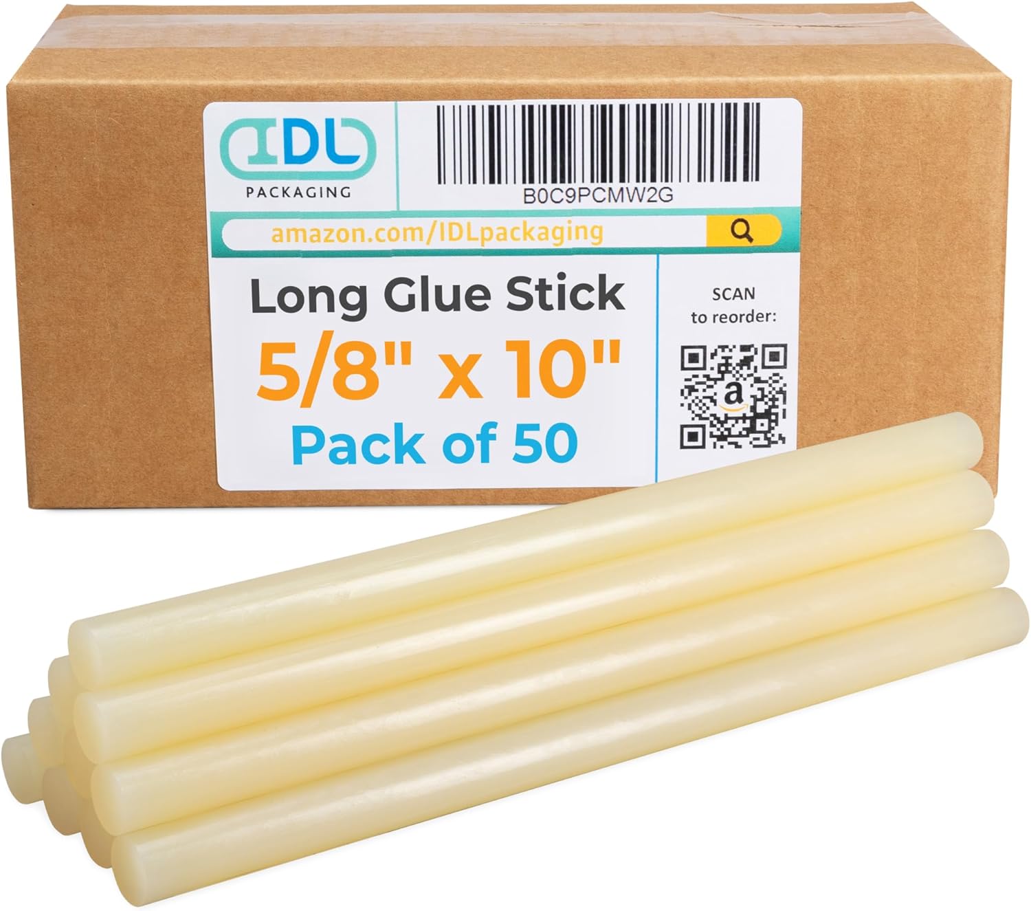 IDL Packaging 5/8" x 10" Full-Size Glue Sticks for Professional Glue Guns, Amber (Pack of 50) - Strong Bonding Strength - Hot Glue Sticks for Corrugated Boxes, Cardboard Packaging, Paper, Crafts