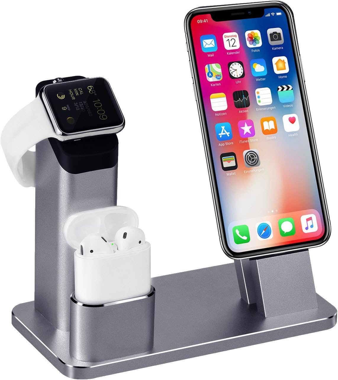 Apple Watch Stand, TOFOURT iPhone Charging Stand Dock Station Aluminum 4 in 1 AirPods Stand Holder, Support iWatch Series 2/1 NightStand Mode and iPhone X/8/7/7plus/SE/5s/8S/Plus with Case (Grey)