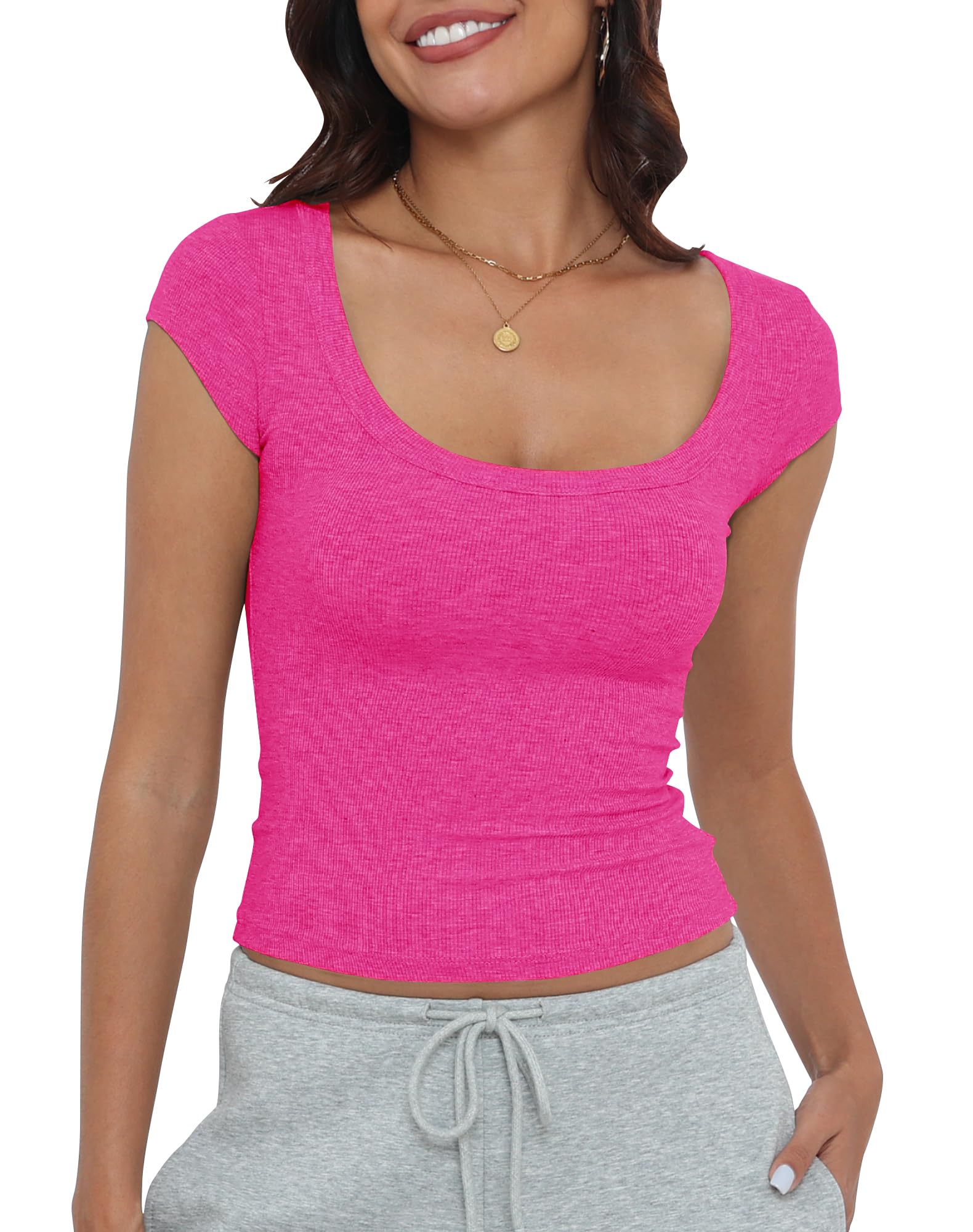 Artfish Women's Short Sleeve T-Shirts Low Scoop Neck Slim Fitted Ribbed Knit Casual Longer Crop Top