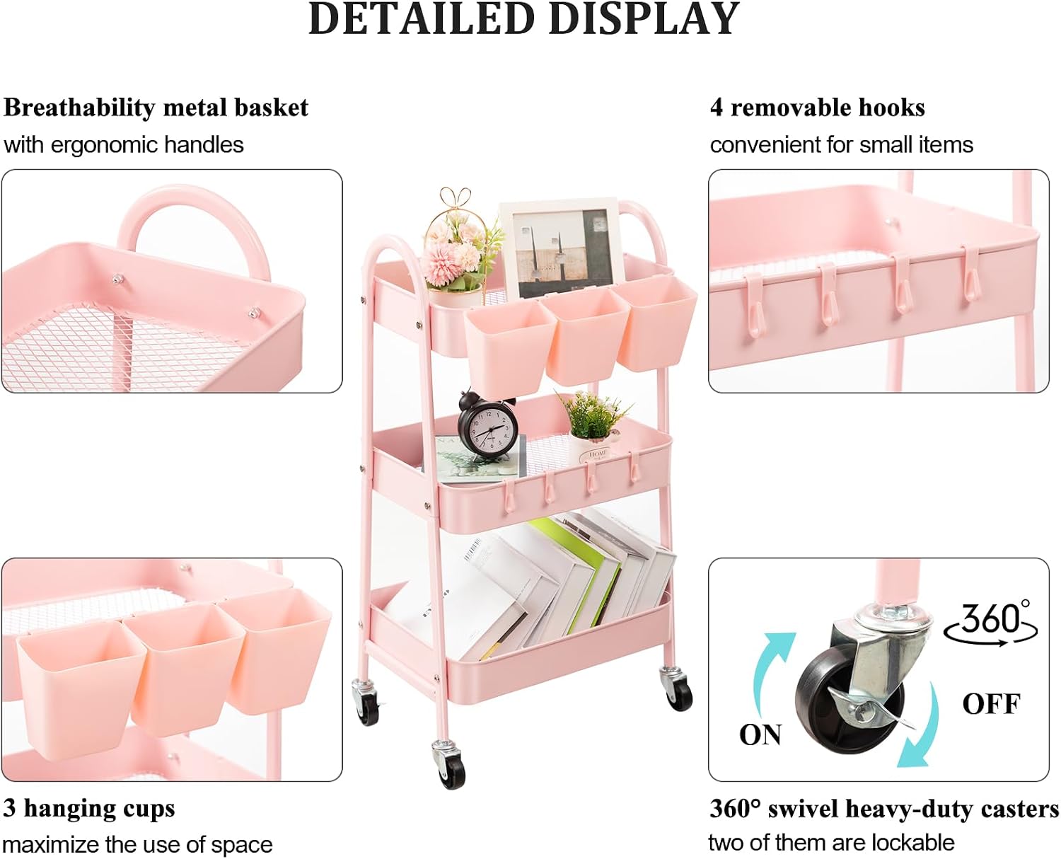 danpinera 3 Tier Rolling Pure Metal Storage Cart wtih Extra Hooks & Cups (Pink & Gray Blue) image 2