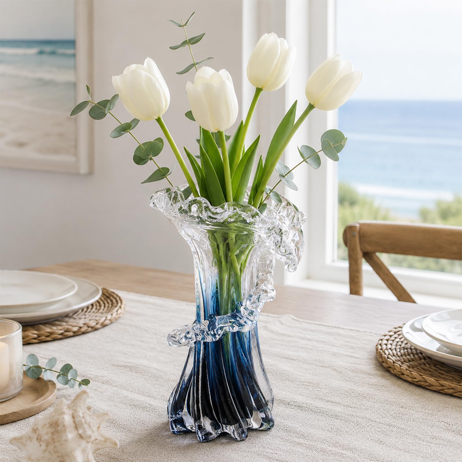 Wellenvase, blau-weiß, klarer Farbverlauf, Meeresglasvase, Murano-Glasvase, einzigartige Glas-Blumenvase für Ozean-Thema, Küste, Zuhause, Mittelstück, modernes Büro, Eingangstisch
