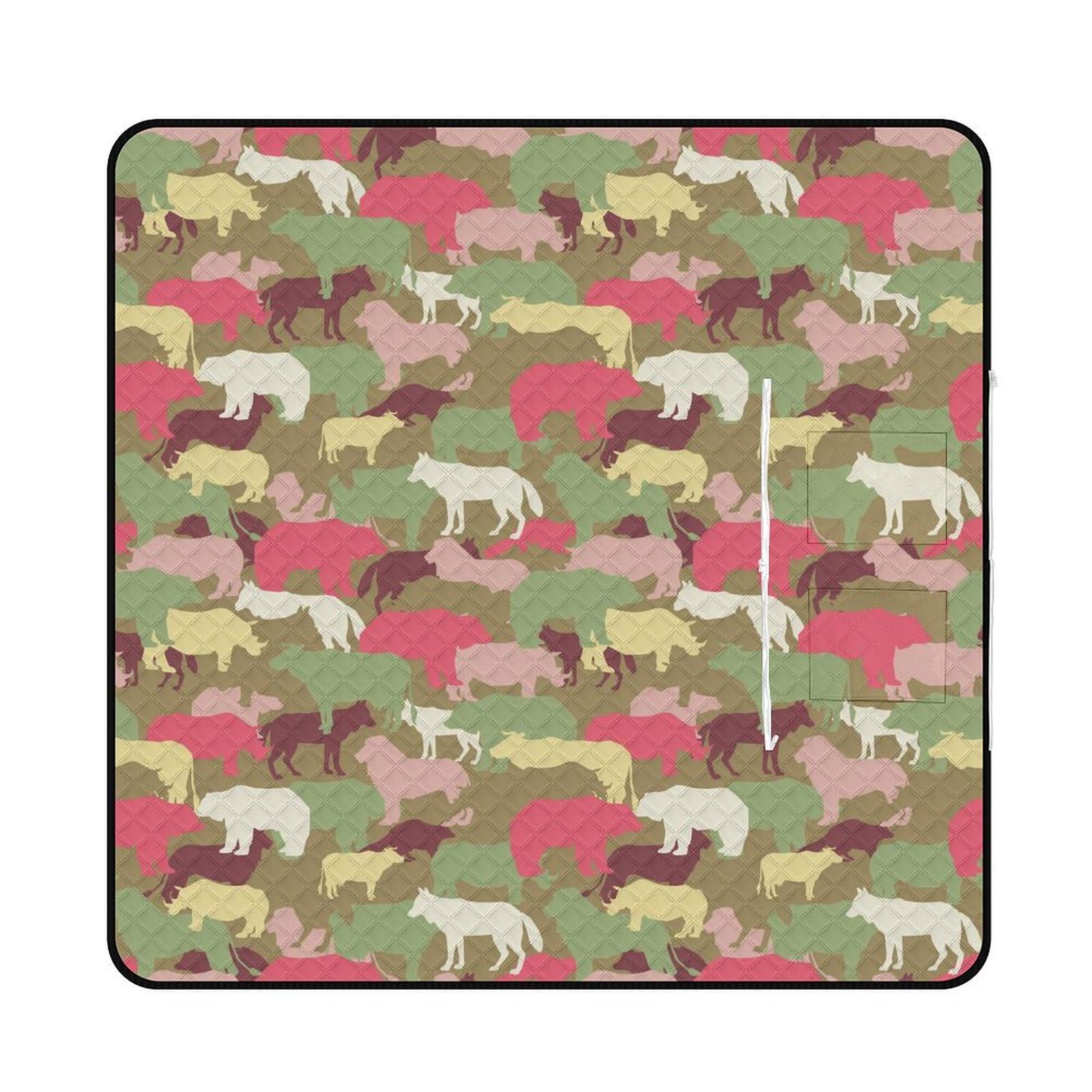 3D Impression Animaux Sauvages déguisés Couverture Pique Nique Tapis De Plage Anti Sable Matelas De Plage Plaid Pique Nique pour Camping, Parc, Jardin, Plage 200x200cm