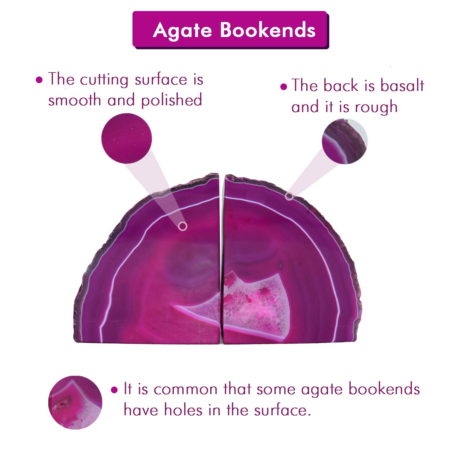 Nature's Decorations Agate Geode Bookends Silver Electroplated Small Bookends for Shelves, Non-Skid Bookend, Book Stopper for Books/Movies/Cds/Video Games, Book Shelf Holder Home Decorative (Pink)