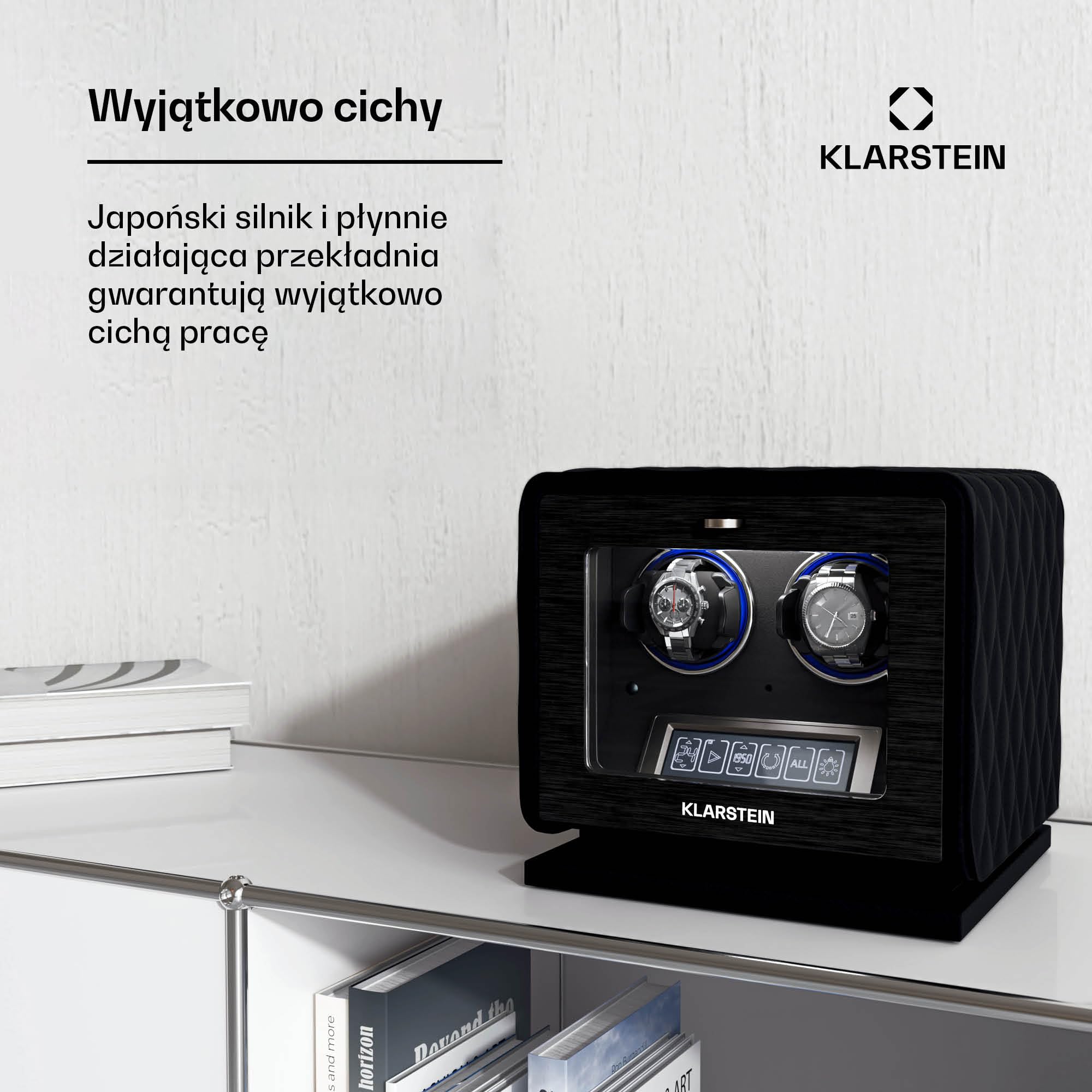 Klarstein LuminousTime Rotomat 2 zegarki – Automatyczny rotomat z cichym japońskim silnikiem, Panel dotykowy LCD i pilot, 20 ustawień TPD, Oświetlenie RGB i LED