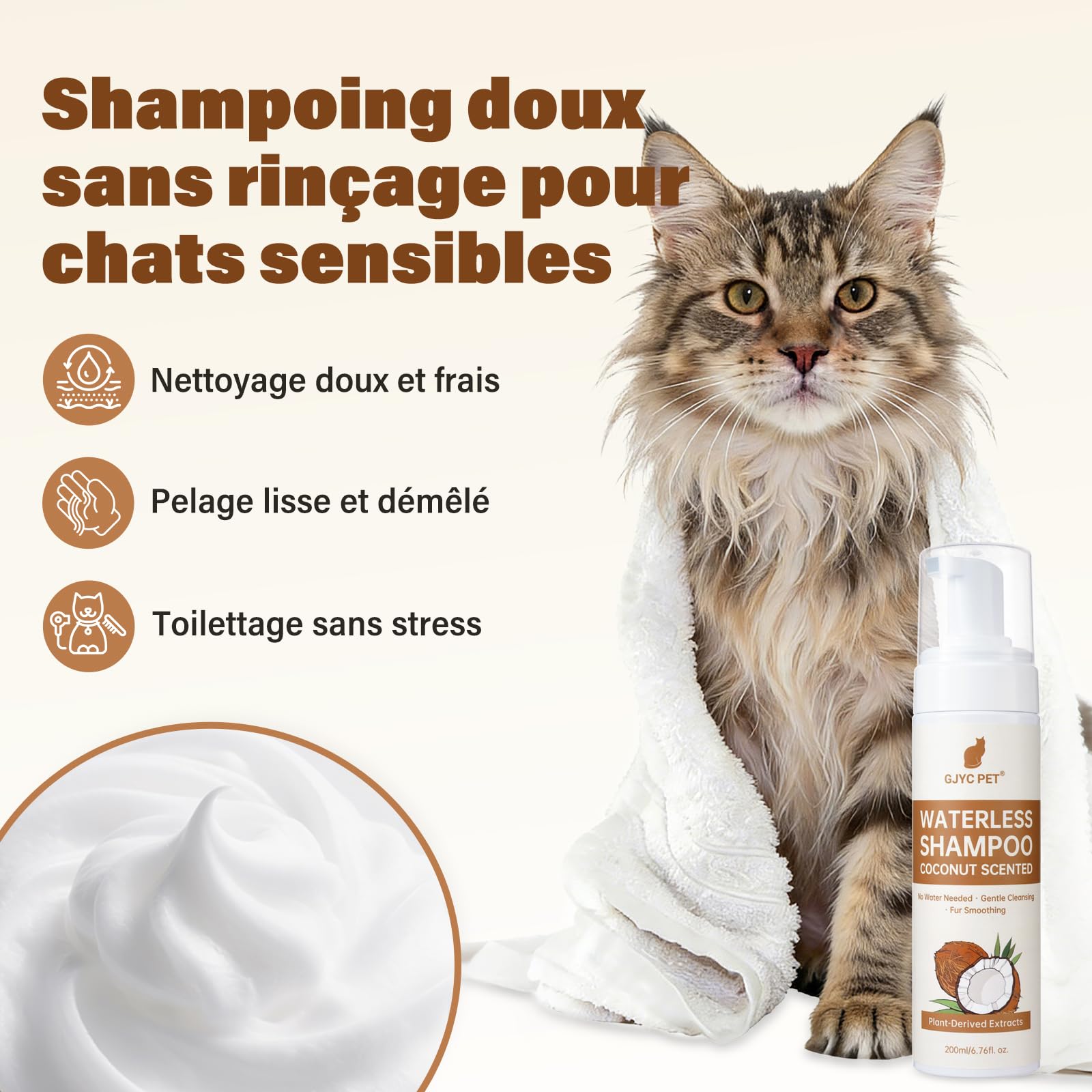Shampoing Sec pour Chats – 200 ML, Parfum Noix de Coco, pH Neutre pour la Peau, nettoie et Prend Soin en Douceur, démêle et Hydrate – Convient aux Peaux sensibles