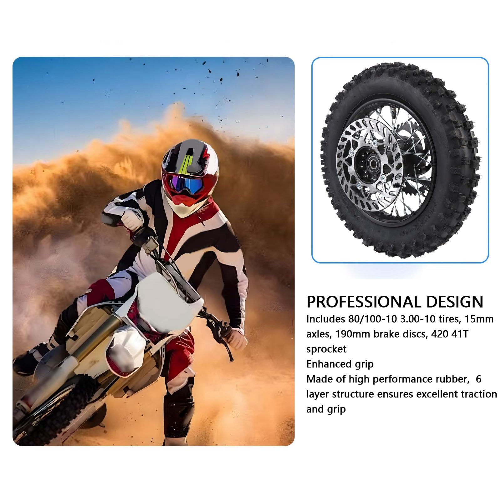 Keenso Opona Motocyklowa, Opona na felgę Tylnego Koła 80/100-10 10 Cali z osią 12 Mm i tarczą hamulcową 190 Mm do Rowerów Terenowych i Mini Motocykli