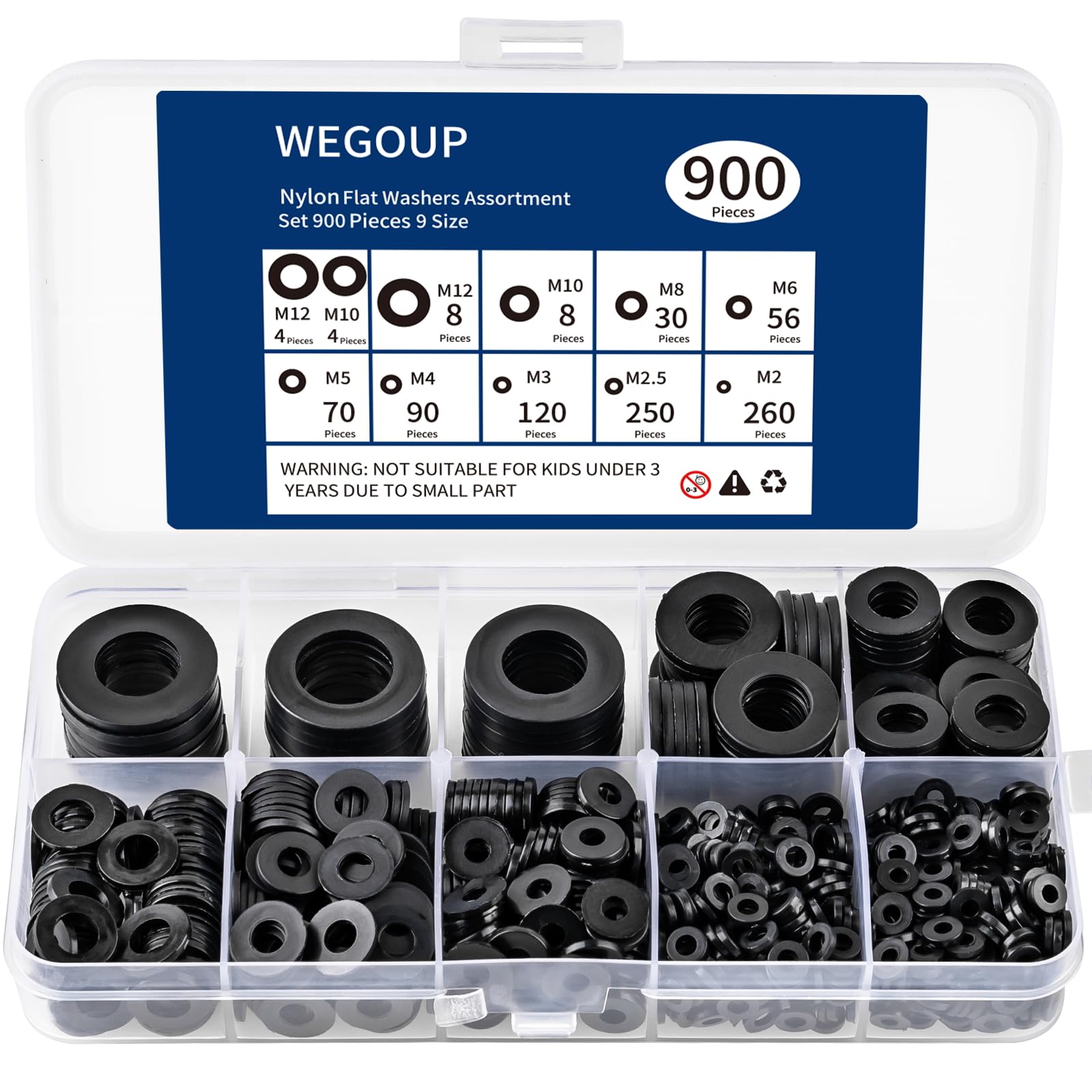 WEGOUP 900-Piece Nylon Flat Washer Assortment Kit Black Plastic