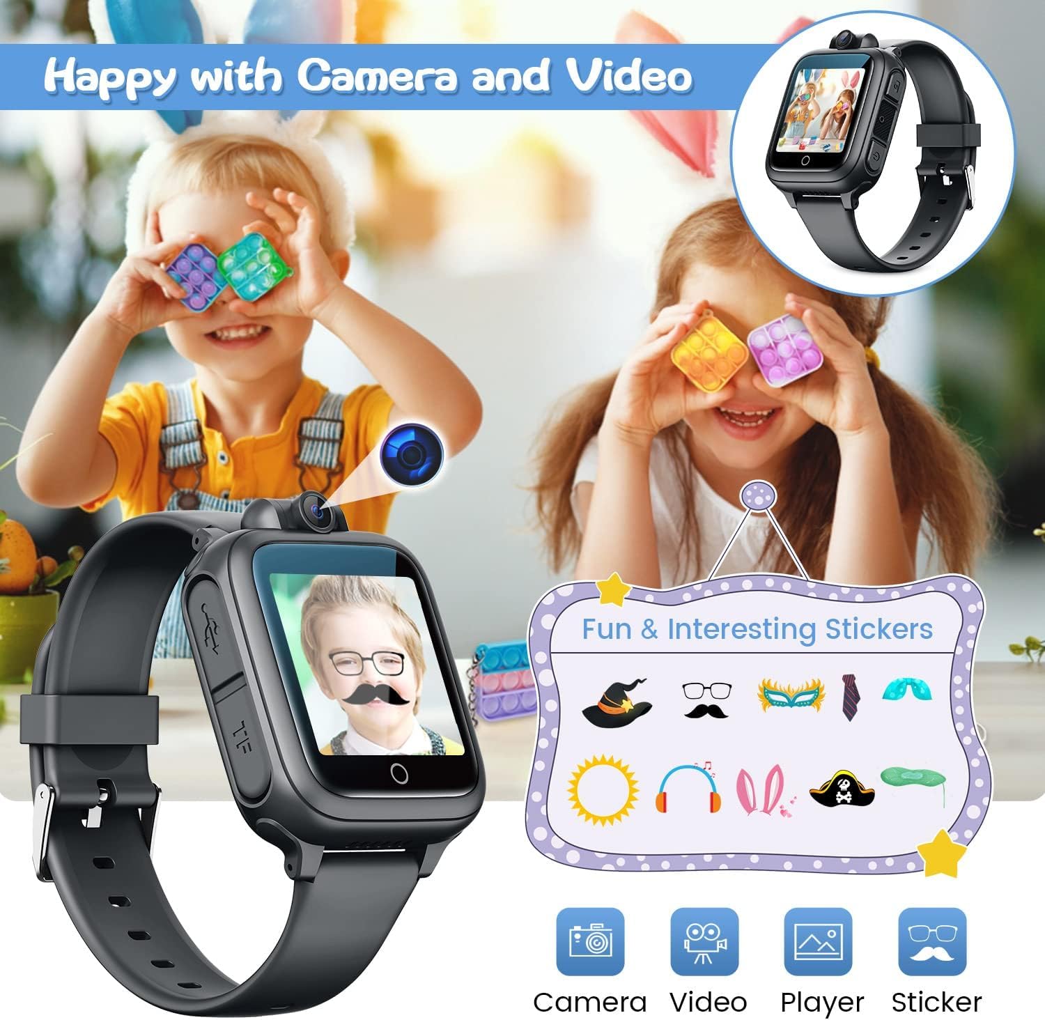 Awatty Smartwatch Kinder, Kinderuhr Jungen Mädchen, Kinderspielzeug 3 4 5 6 7 8 9 10 11 12 Jahre, Geburtstagsgeschenke, mit 90° drehbare Kamera, 14 Spiele, Musik, Wecker, Stoppuhr, Datum - Schwarz