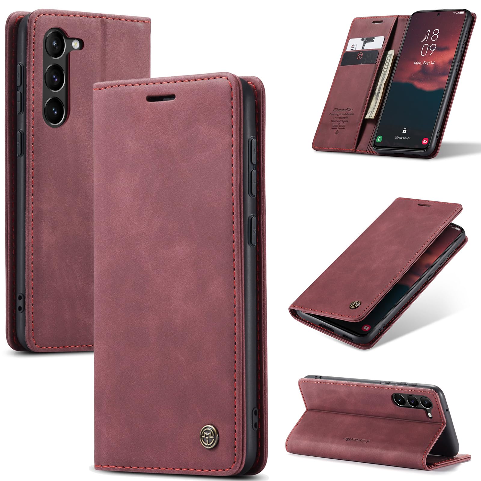 Samokor Cover per Samsung Galaxy S23 5G Pelle Flip Custodia Cavalletto Portafoglio Magnetica Carta Fessura Antiurto per Samsung Galaxy S23,Vino Rosso