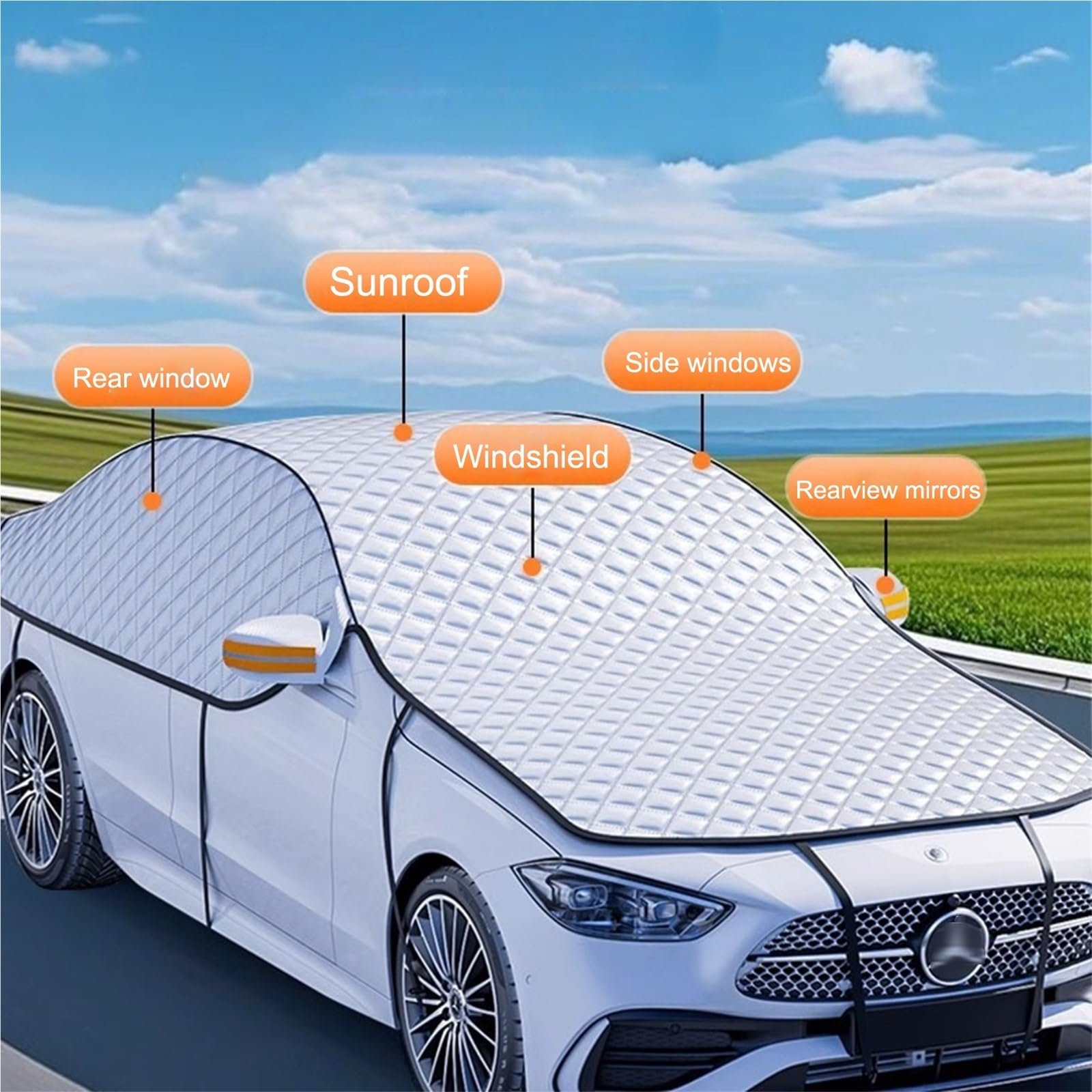 Parasol Coche Delantero, Parasol para Parabrisas de Coche para Todas Las Estaciones, Cobertura Total con Espejos Reflectantes Visibles por La Noche(175x91.7in/446x233cm)