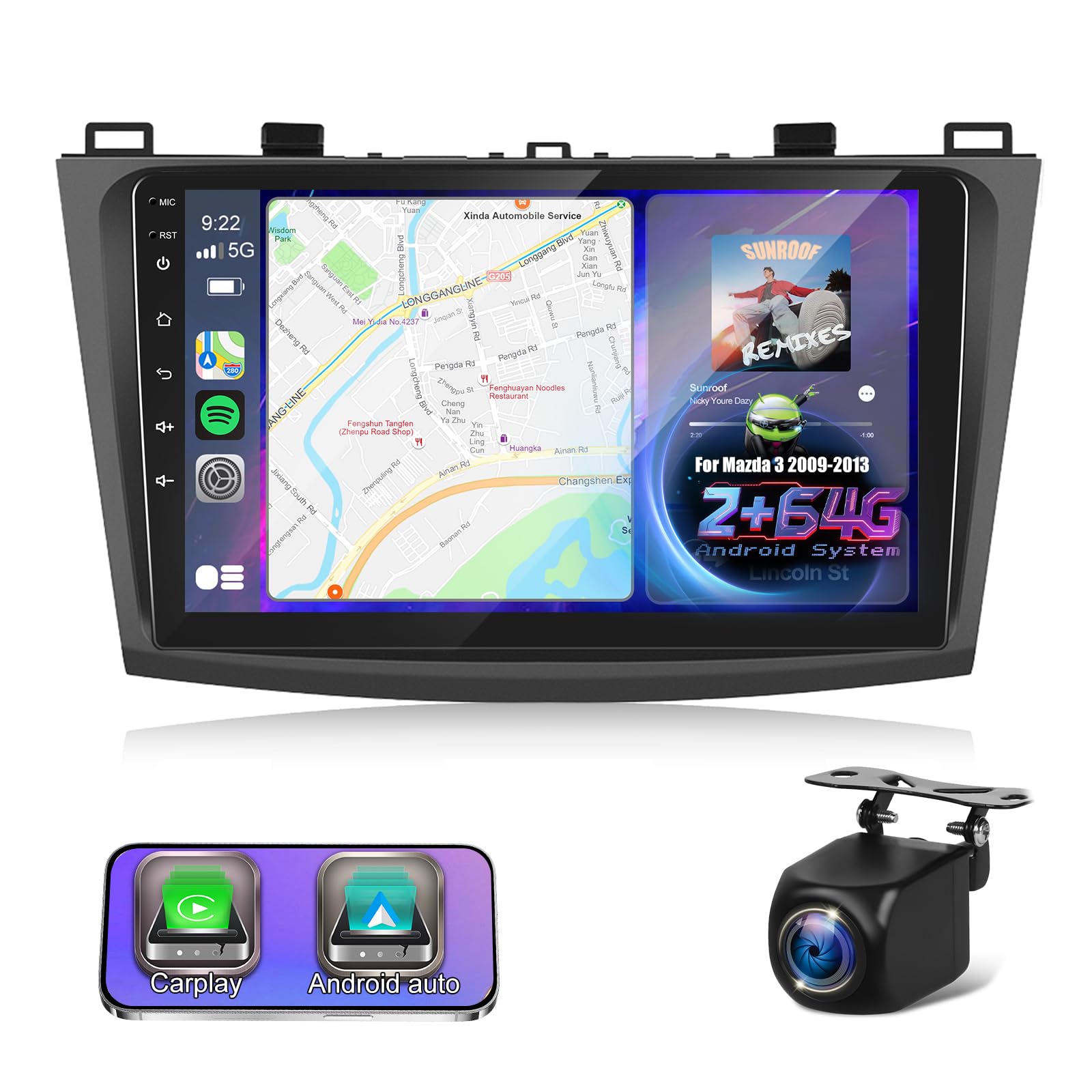 2G+64G Android Autoradio für Mazda 3 2009-2013, 9-Zoll-Touchscreen-Radio mit Kabellosem Carplay & Android Auto/WiFi/GPS/Bluetooth4.0/EQ/FM RDS Radio+Rückfahrkamera +Mikrofon