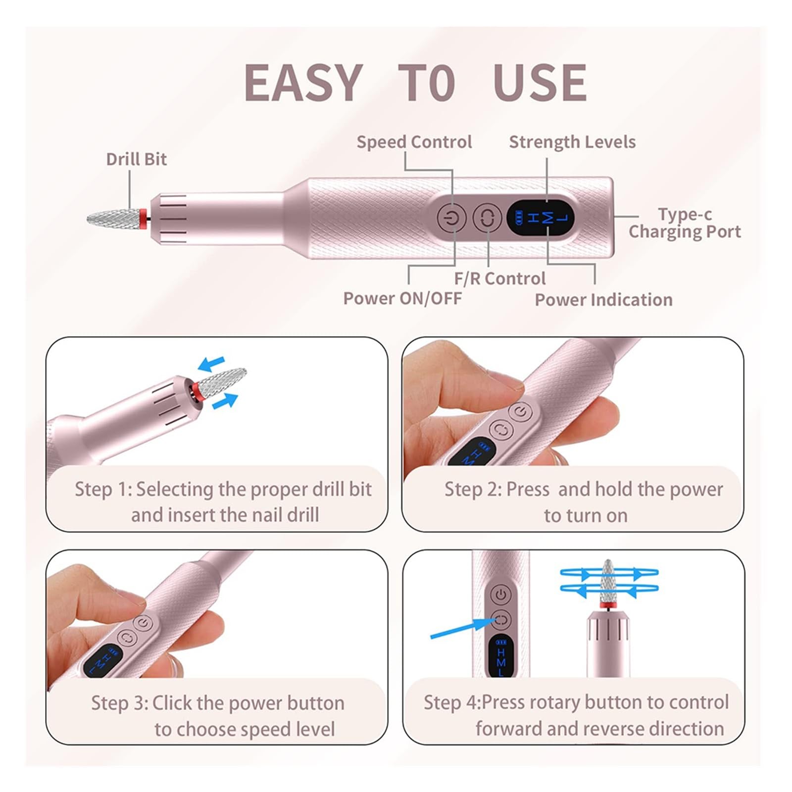 Lima Unghie Elettrico, Trapano for unghie elettrico senza fili, set di lime for elettriche portatili for in gel acrilico, kit for manicure e pedicure con punte for trapano for(Pink)