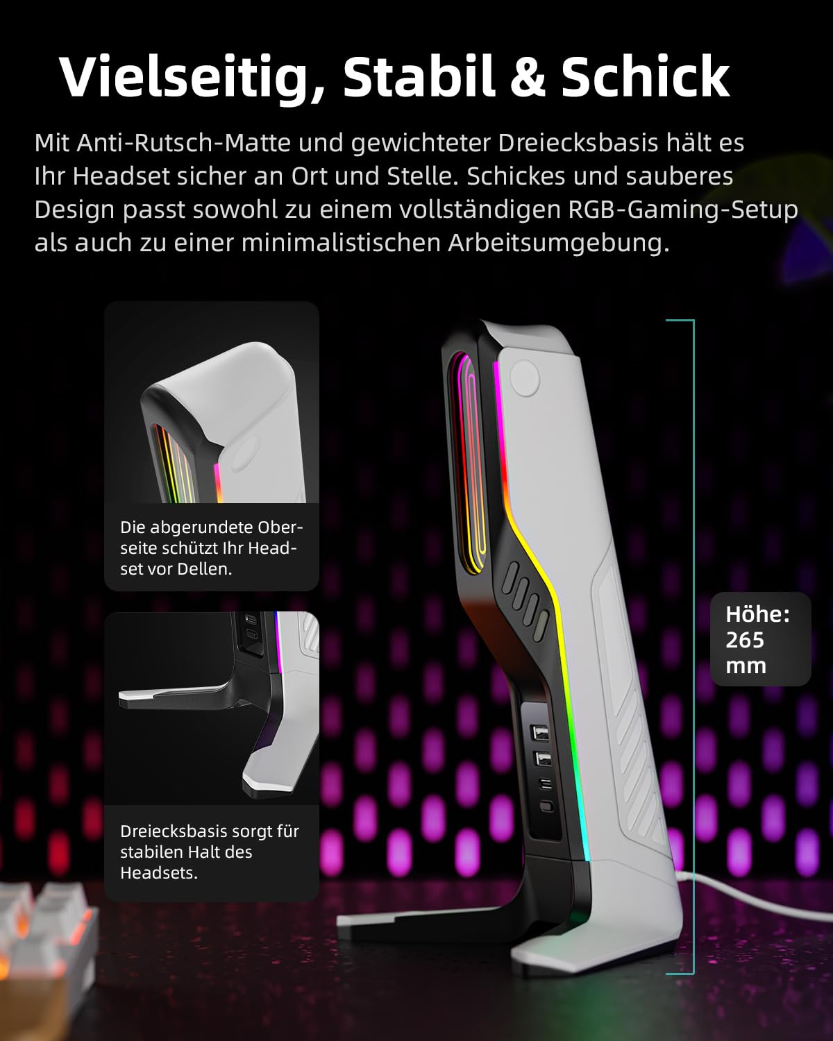 RGB-Gaming-Headset-Ständer mit 2 USB- und 1 Typ-C-Anschlüssen, Spiel-Kopfhörer-Halterung für PC, Xbox One, Xbox Serie S/X, PS5, PS4, Kopfhörer-Halterung, Schreibtisch-Gamer-Zubehör, Schwarz und