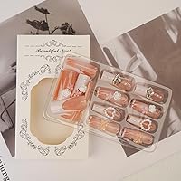 Vista 5 de Uñas postizas largas cuadradas a presión, uñas postizas con punta francesa con clavos, diseño de lazo, rosa, cobertura completa, uñas postizas extra