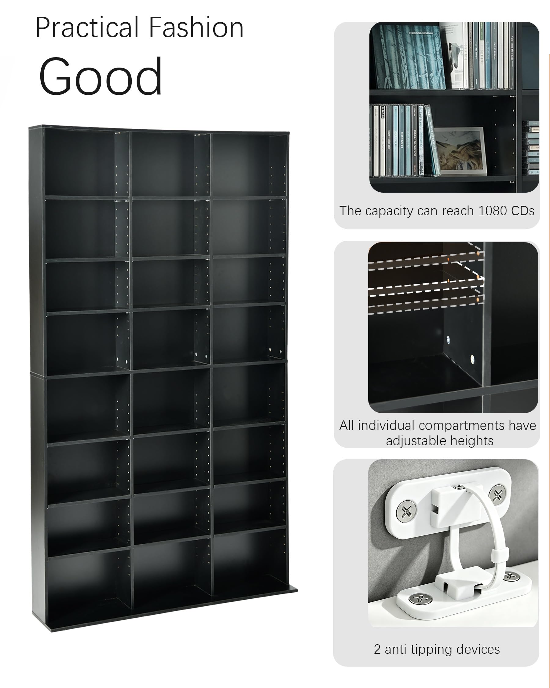 Bibliothèque étagère CD avec 22 compartiments – rangement DVD, étagères réglables, anti-basculement, MDF noir – pour CD, DVD, livres – meuble de rangement