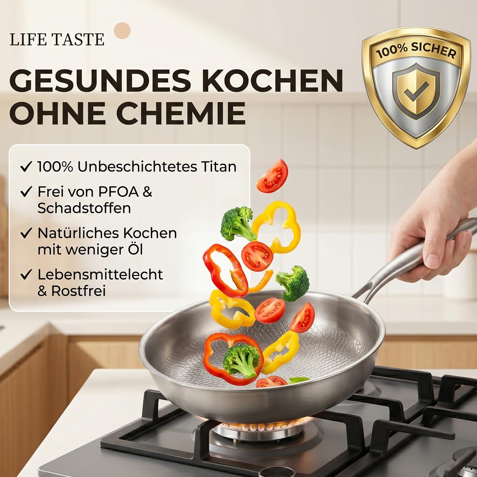 Titan Pfanne, Titan Bratpfanne, 28 CM Titanium Pfanne Unbeschichtet,Titanium Hammered Pan Pro mit Deckel, Physikalische Antihaft-Struktur durch gehämmertes Muster, Für alle Herdarten Induktion