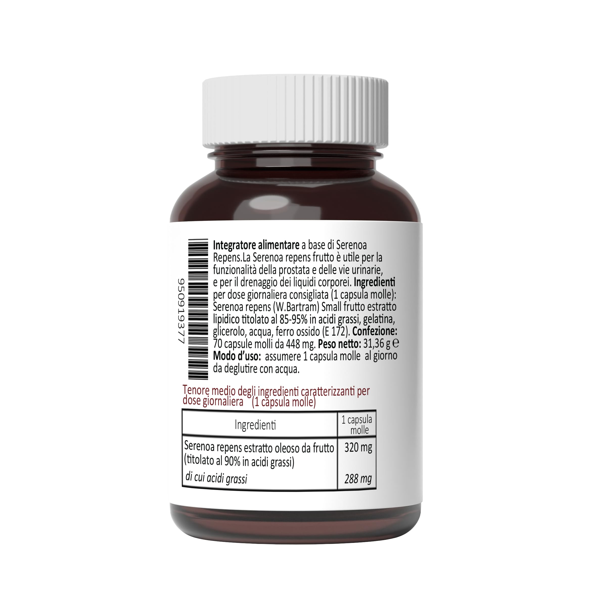 Prostata Serenoa Repens 70 Softgels con 320 mg di olio titolato al 85% - 95% in acidi grassi, per la prostata e le vie urinarie, 1 Softgel al dì